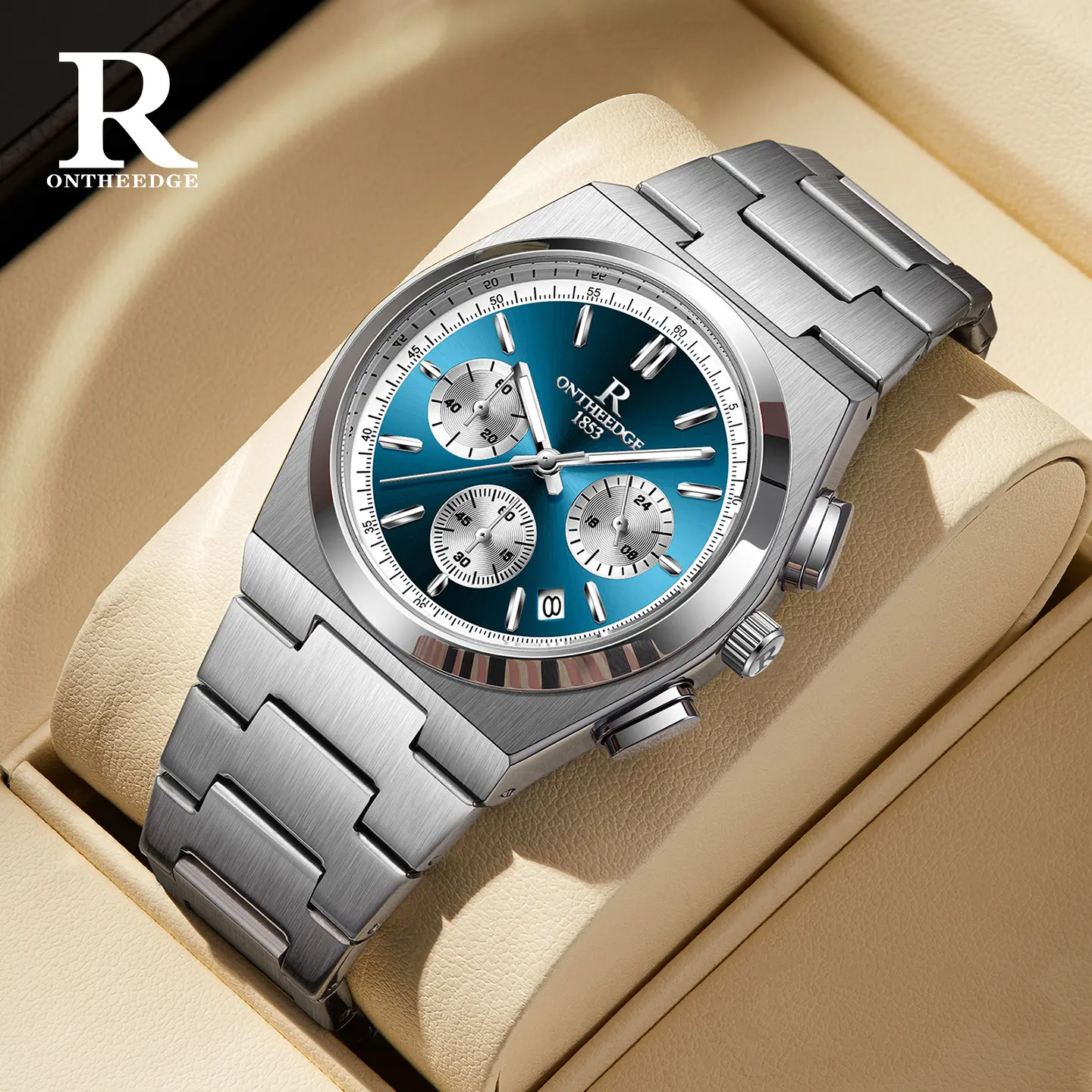 Men’s Luxury Multifunctional Chronograph Watch - ONTHEEDGE Waterproof Luminous Quartz Wristwatch with Vibrant Blue Dial, Stainless Steel Band, Calendar Display, for Business Daily & Outdoor Sport, Ideal Gift for Him