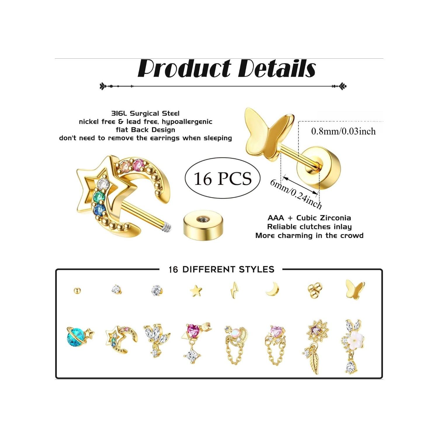 16 PCS Cartilage Flat Back Stud Earrings for Women Trendy Stud Earrings Set for Multiple Piercing Surgical Steel FlatBack Earrings for Women 20G