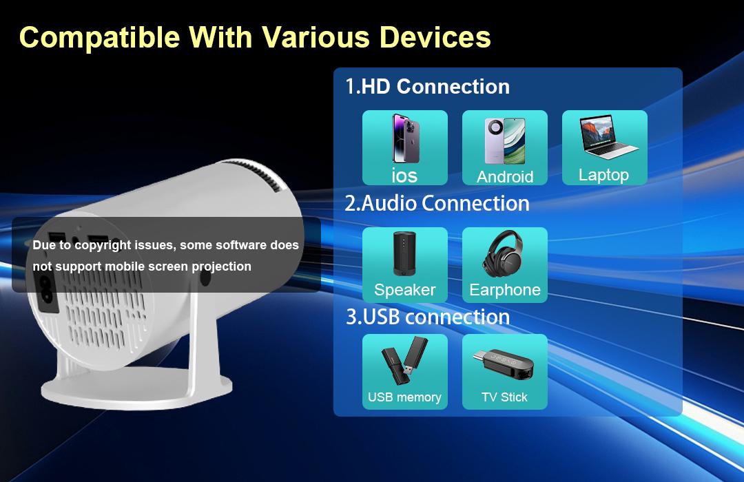 XBJ Portable Projector 2.4/5G WiFi 360° HD LED 200 InchScreen Built-in Speaker Multifunctional Projector for HomeCinema and Outdoor Use White Remote