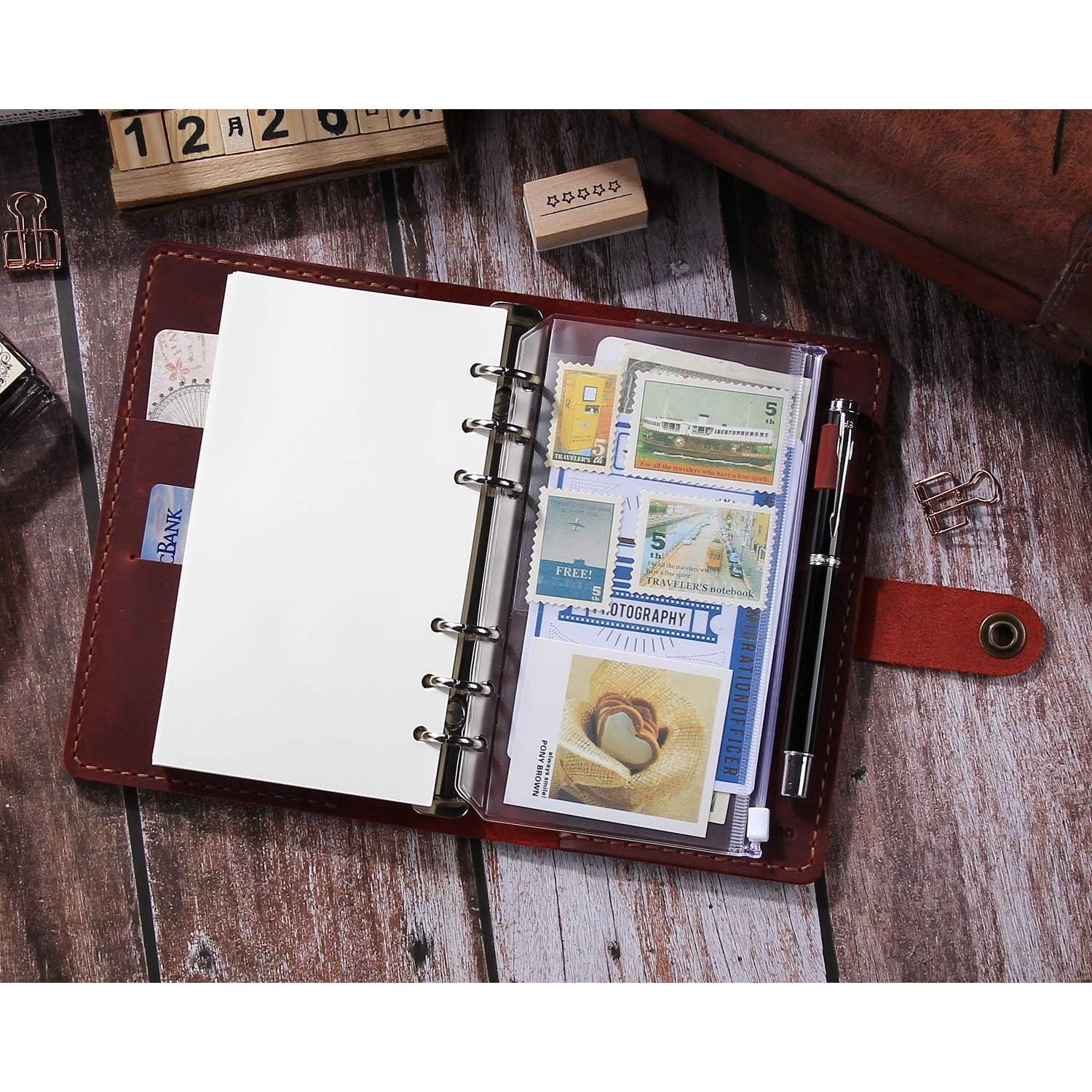 Leather Writing Journal Notebook Refillable, A6 Personal Size Traveler's Notebook with Pockets, 6 Ring Binder Planner Notebook with Pen Holder-
