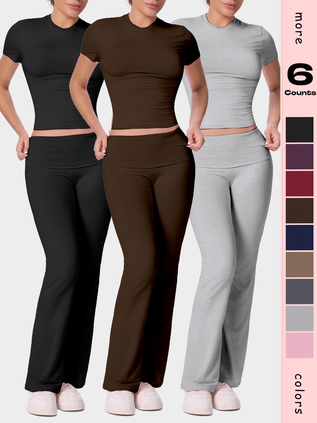 Women's Solid Color Short Sleeve Top & Flare Leg Pants Loungewear, Casual Comfy Two-piece Lounge Set, Ladies Loungewear for All Seasons, Pajama Set