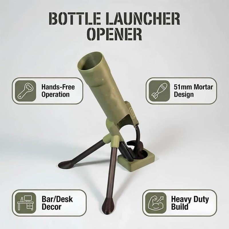 Beer Bottle Mortar Bottle Opener, 51mm Mortar Beer Bottle Opener Heavy-Duty Tactical Cap Launcher Hands-Free Push Down Opener Men's Exclusive Space for Bar & Desk Decor