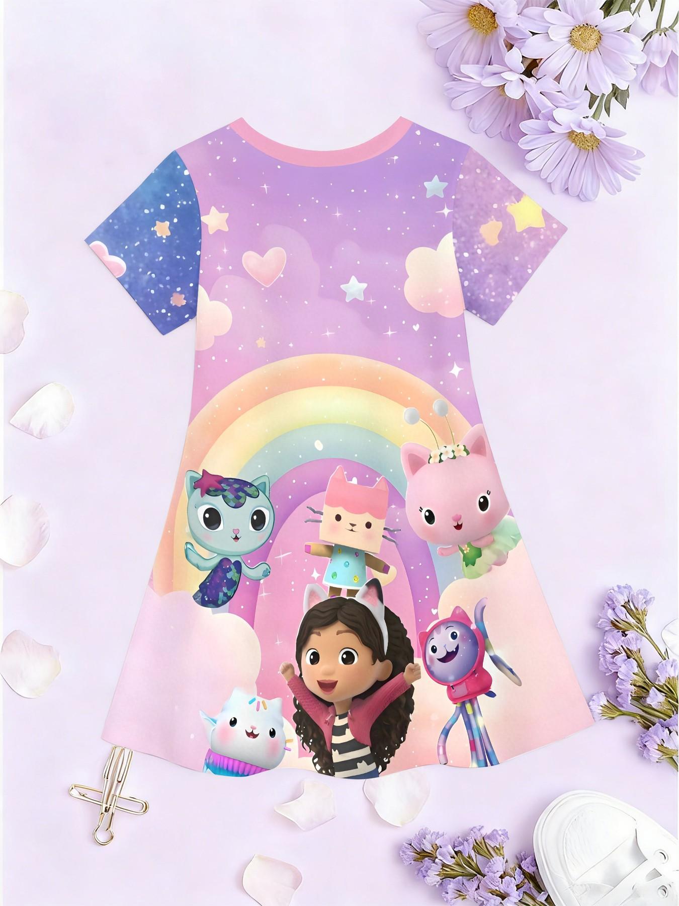 Girls' Gabby Doll House Theme Dress, Summer Fun Short Sleeve Princess Dress, Breathable Casual Dress, Birthday Gift, Holiday Gift