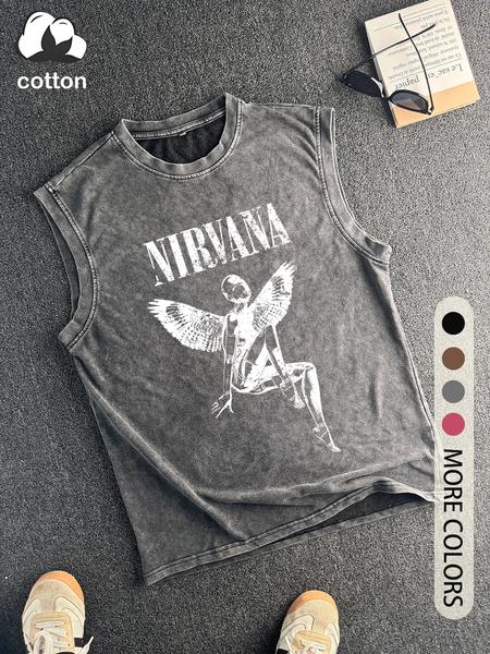 Men's Vintage Distressed Angel Wing Print Tank Top, Casual Sleeveless Round Neck Top for Summer, Fashion Men's Clothes for Daily Wear, Socks