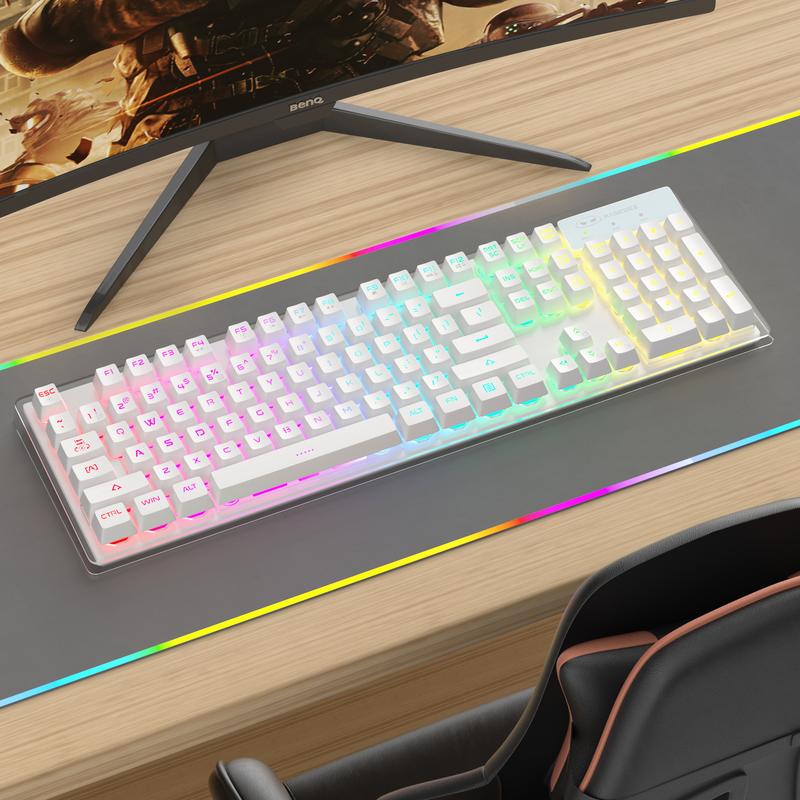 MageGee V550 Wireless Gaming Keyboard and Mouse Combo, 2.4G Rechargeable RGB Backlit Keyboard with Clear Shell, Full Size Waterproof Keyboard & LED Mice for PC/Laptop - White