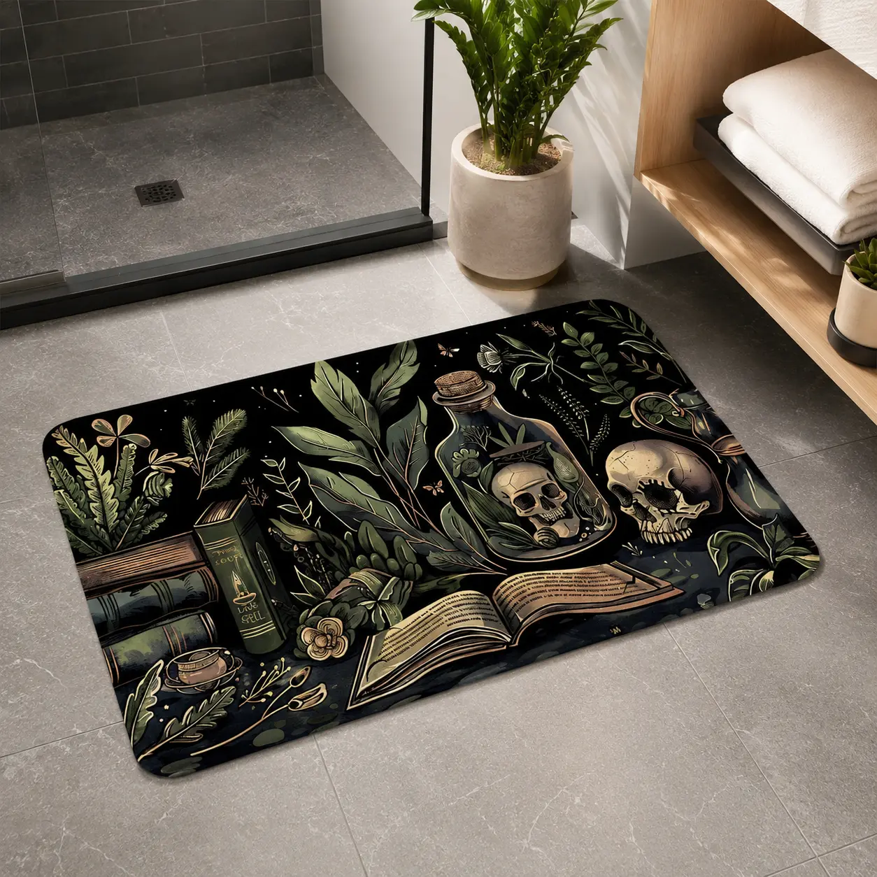 Bathroom Mat - Bathroom Carpet, Book and Skull Pattern - Absorbent, Non-slip, Quick-drying, Stain-resistant, Easy-cleaning Shower Mat, Suitable for Bathtubs and Shower Enclosures, 16 x 24 inches (40 x 60 cm)
