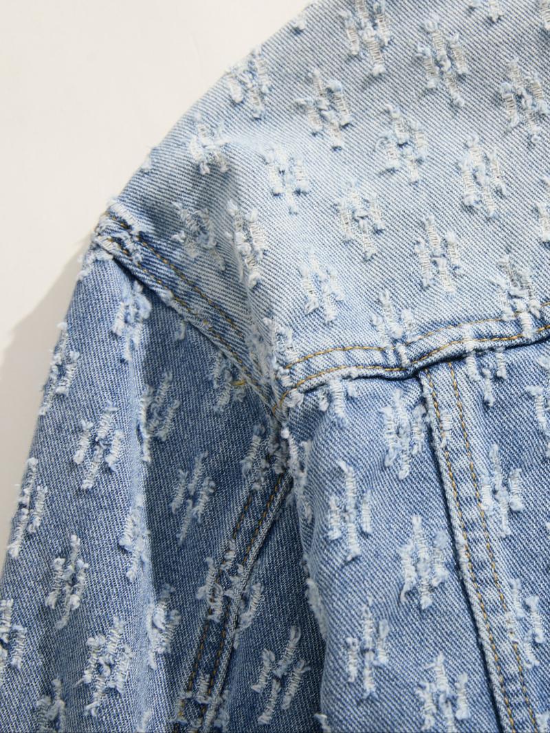 Men's Trendy Street Style Washed Light Color Single Button Long Sleeve Denim Jacket, Casual Ripped Jean Coat, Perfect Gift for Boyfriend