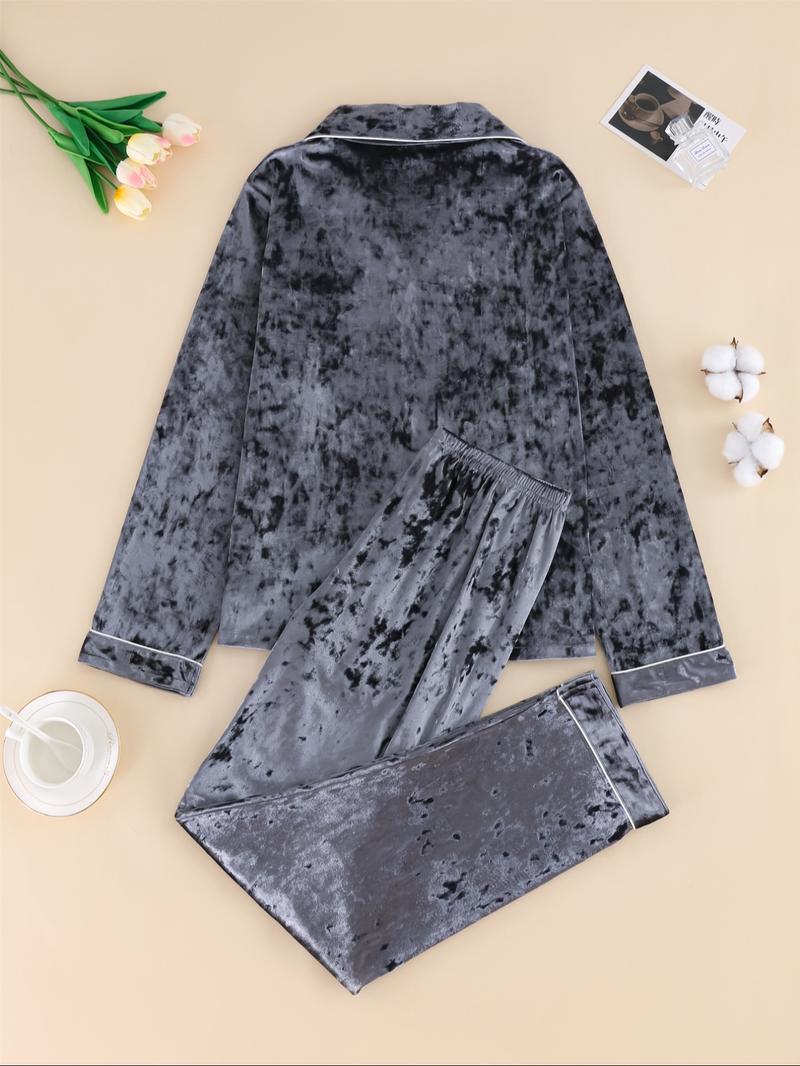 Two-Piece Set Women's Solid Button Front Lapel Shirt & Pants Velvet Pyjama, Long Sleeve Pocket Top & Trousers Set, Women's Sleepwear for Winter