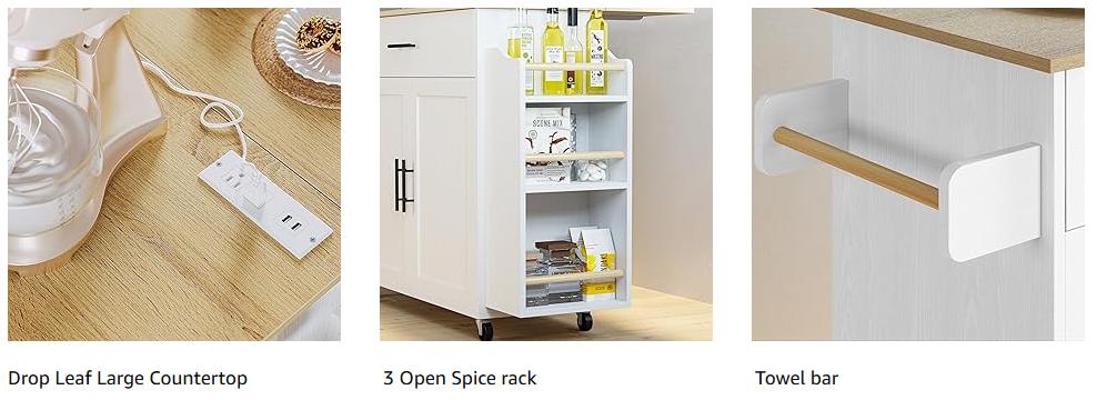 IRONCK Kitchen Island with Storage, Rolling Kitchen Island on Wheels with Drop Leaf, 3 Open Spice Rack Shelf, Door Cabinet, Drawer, Kitchen Cart Island Table for Kitchen