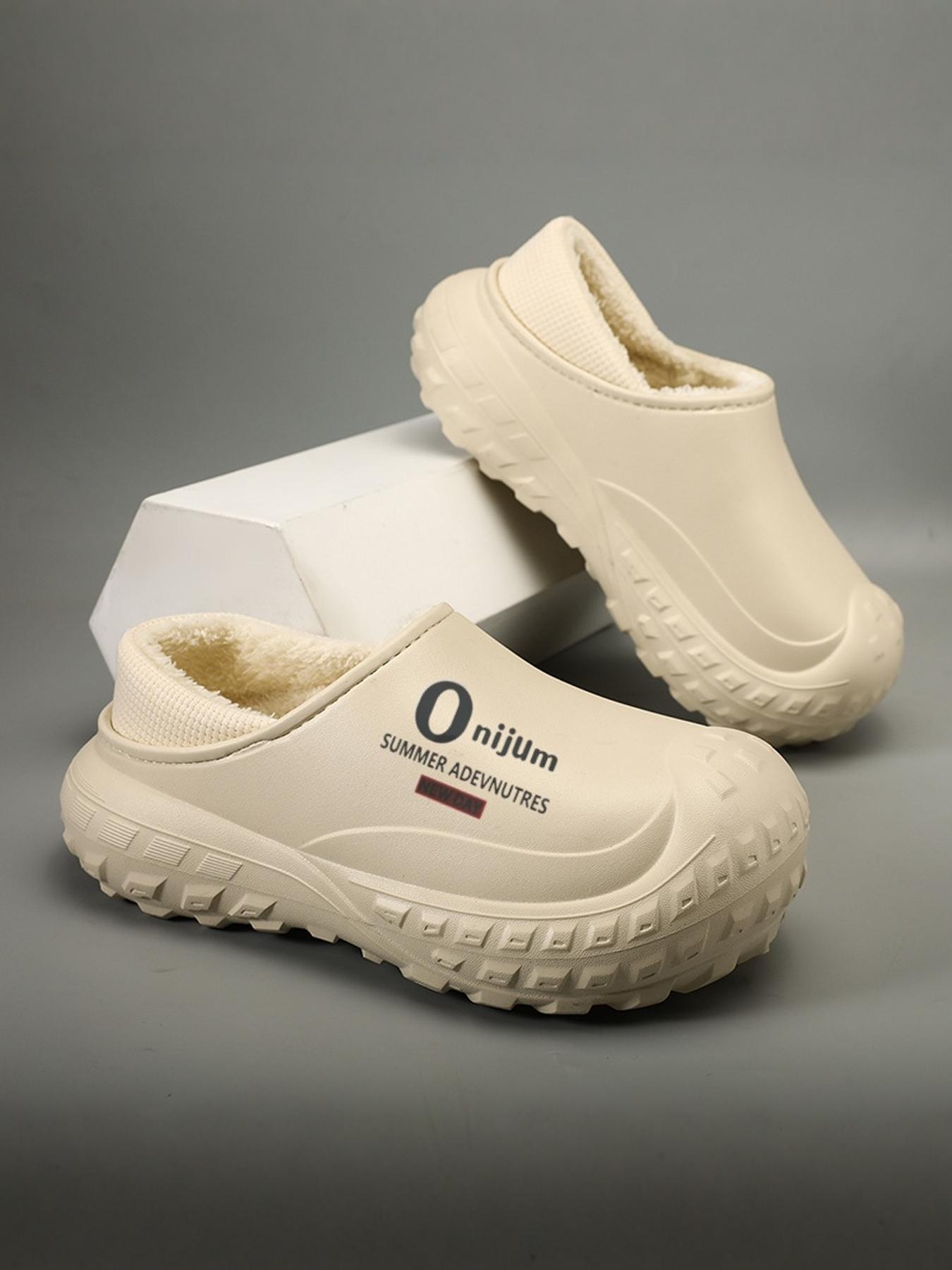 Men's Letter Pattern Waterproof Plush Lining Slippers, Casual Comfortable Home Slippers, Warm Slippers for Indoor & Outdoor Use for Fall & Winter, Lined Slippers