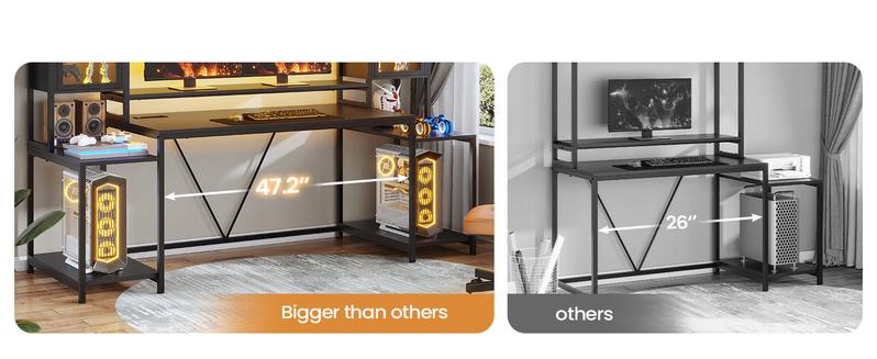 SEDETA 74.8-Inch Gaming Table with LED Lights and Storage Shelf, Computer Table with Monitor Stand Ergonomic gaming desk Gamer Desk standing desk