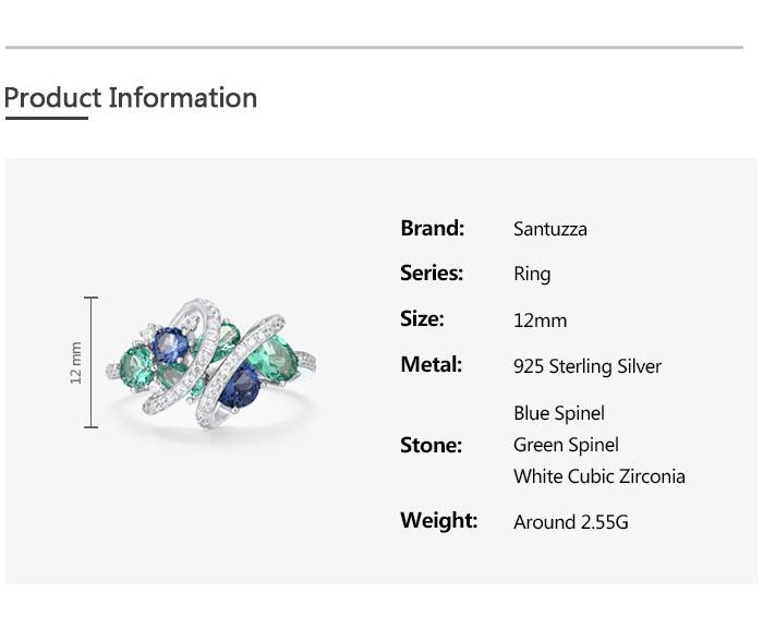 SANTUZZA Created Green And Blue Spinel White Cubic Zirconia 925 Silver Ring For Women Fine Jewelry