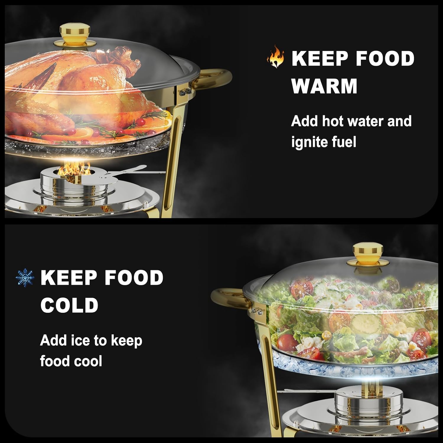 Aobtkel Golden Round Stainless Steel Buffet Catering Pans - 4-Piece Set, Stackable, 5 Qt Capacity, 2-Piece Set Compatible, for Home, Outdoor & Formal Events Kitchenware