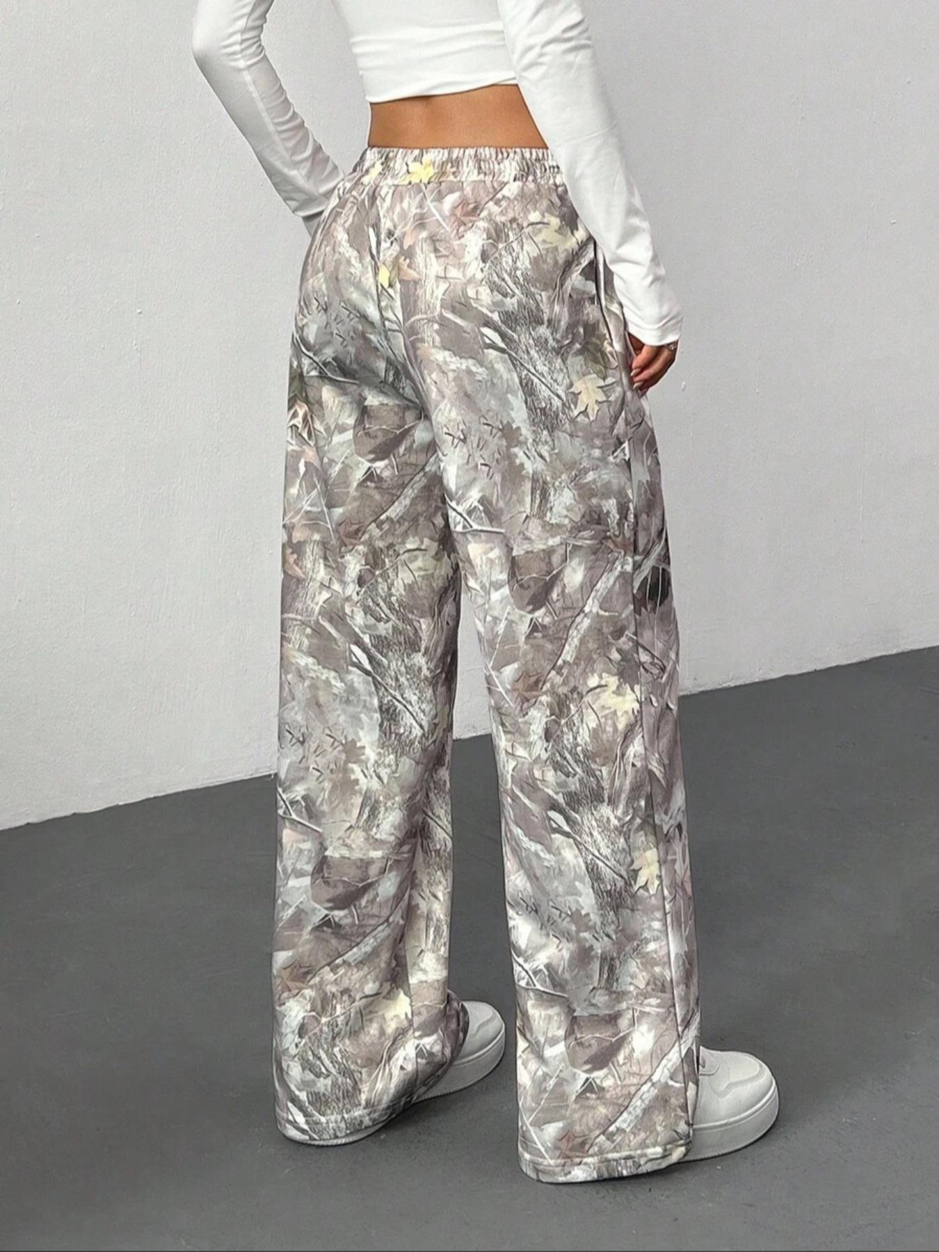 Women's Vintage Street Style Camo Knit Loose Sports Pants, Drawstring Waist, Summer Branch Print, Casual Wide Leg, All Seasons, Camo Sweatpants