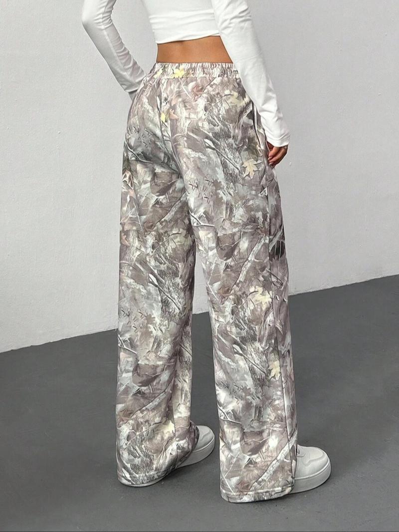 Women's Vintage Street Style Camo Knit Loose Sports Pants, Drawstring Waist, Summer Branch Print, Casual Wide Leg, All Seasons, Camo Sweatpants