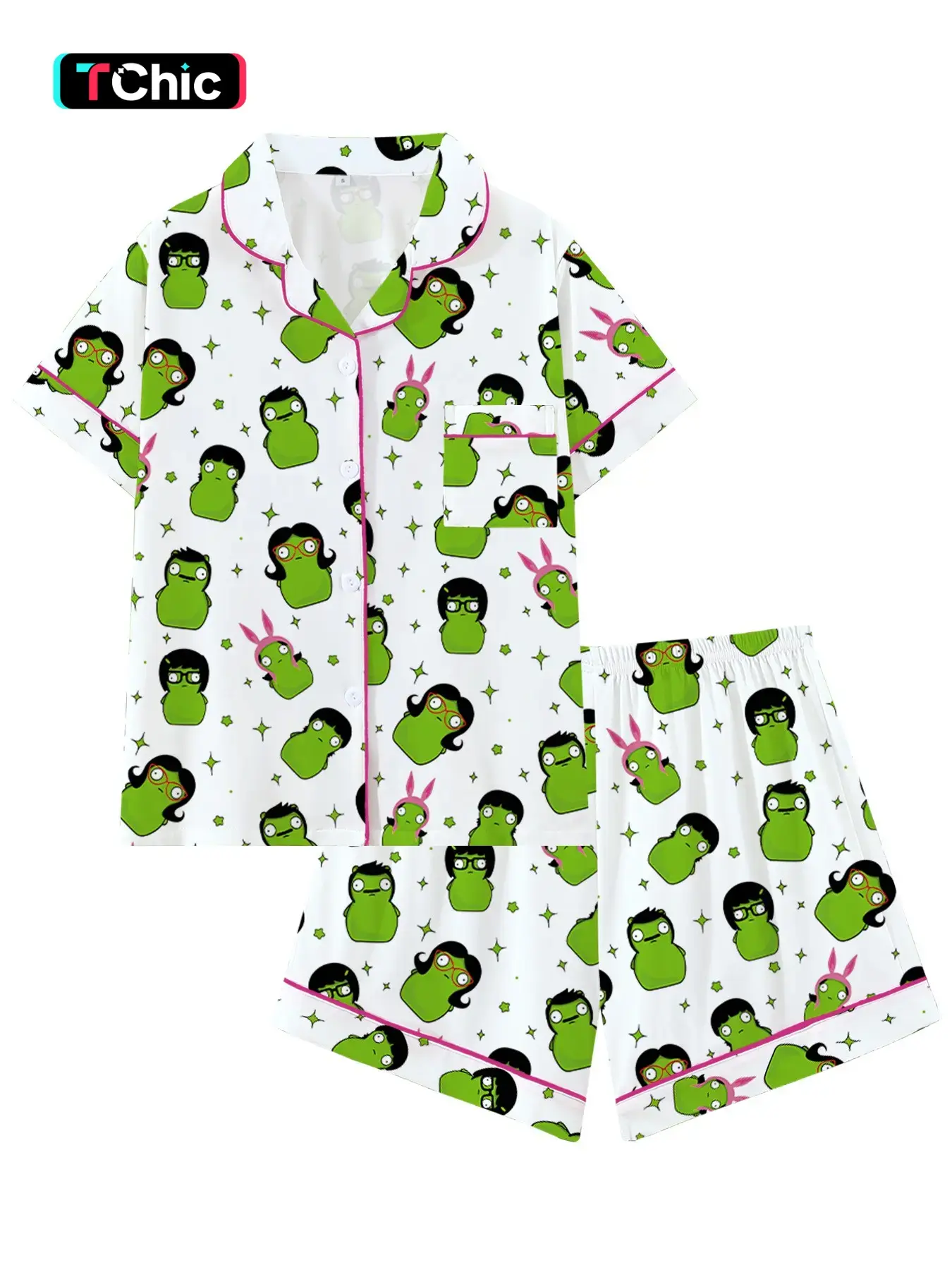 Bob's Burgers Kuchi Kopi Cartoon Pajama Set, Cartoon Pajamas, Women, Loose-Fitting Short Sleeve Sleepwear Loungewear, Comfortable Party Wear, Ideal Gift for All Seasons