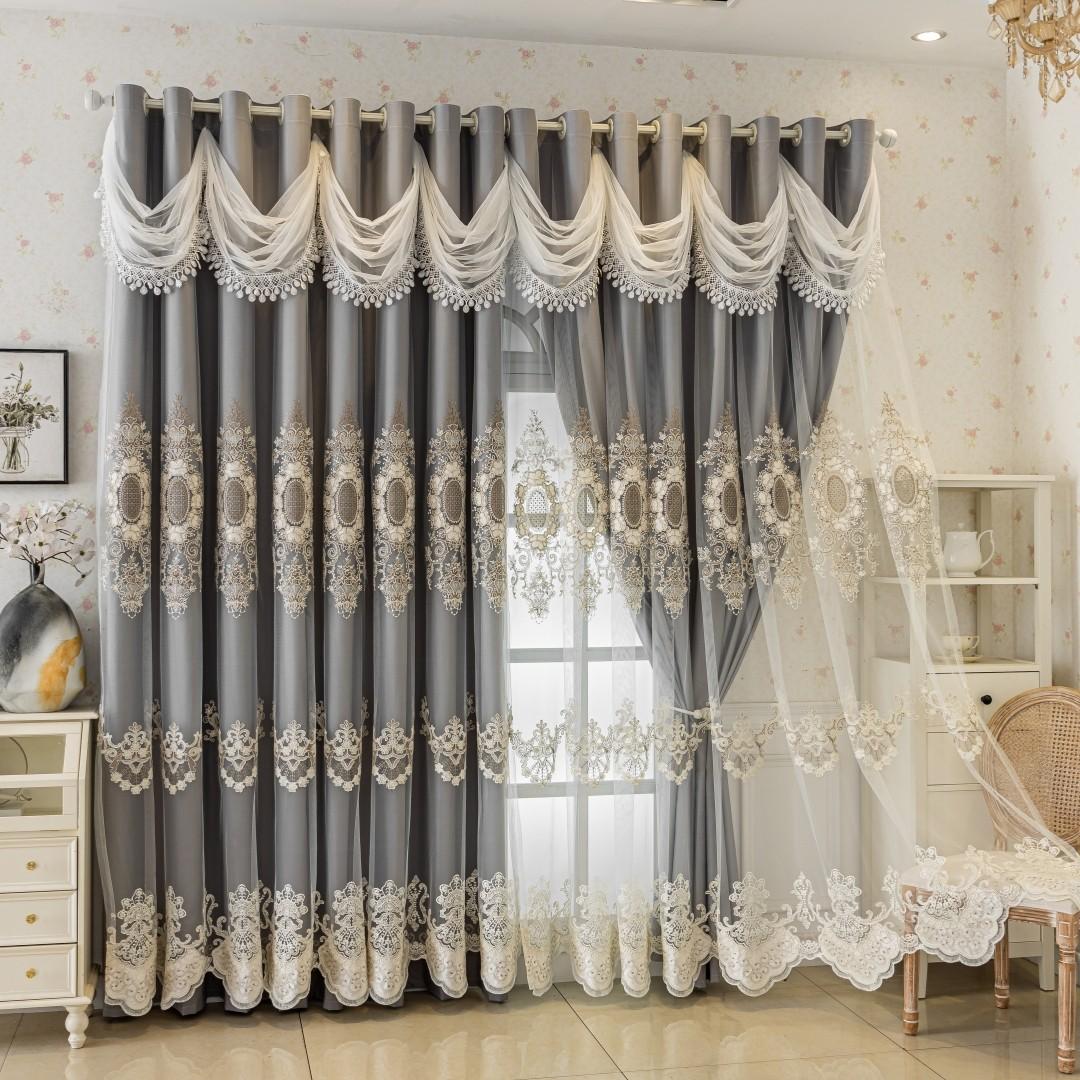 1pc European Luxury Gold Embroidered Double Layer Drapes, Sunscreen Insulation, High-End Living Room Master Bedroom Floor-To-Ceiling Curtains