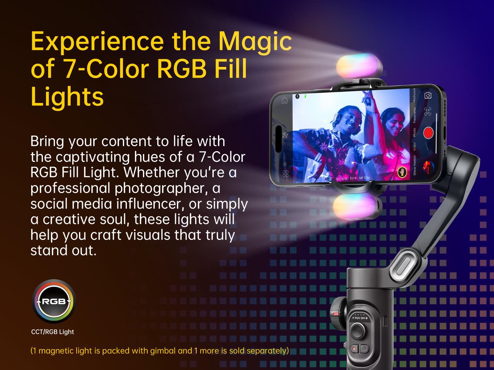 AOCHUAN 3-Axis Gimbal Stabilizer for Smartphone, Gimbal w/RGB Magnetic Fill Light Upgraded Face Tracking Focus Wheel Foldable iPhone Gimbal for iPhone/Android Phone gimbal Vlog RecordingCamera Clip Camera Accessories Smart XE-2