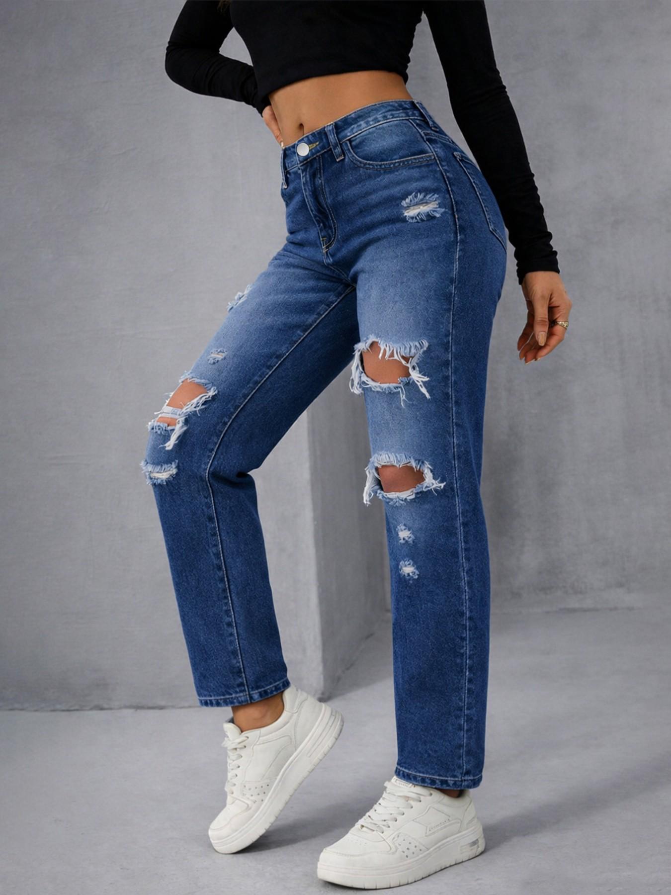 Women's High-Waisted Denim Jeans, Spring & Fall Casual Fitted Straight-Leg Pants, Blue Washed Street Style Distressed Design