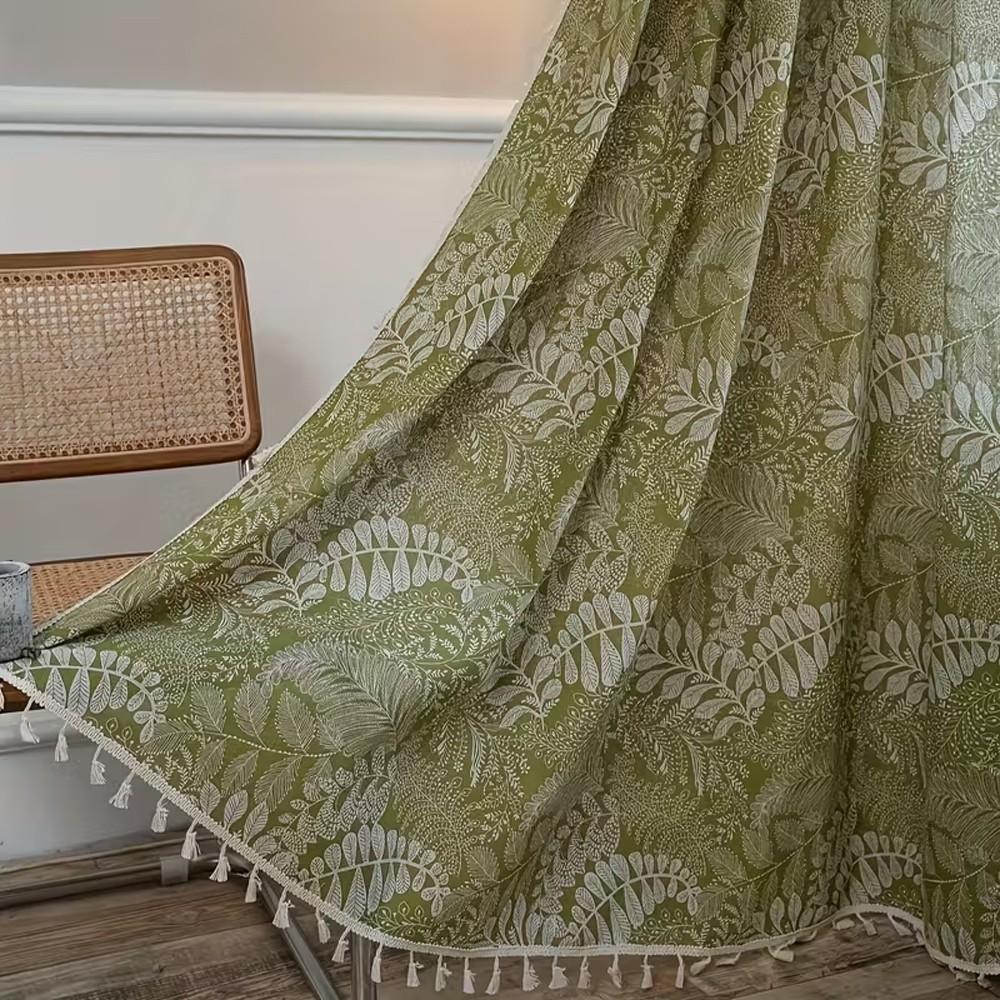 1pc Olive Plant Print Curtain, Cotton Linen Texture, Fringe Edge, Living Room Bedroom Balcony Floor-To-Ceiling Decorative Curtain