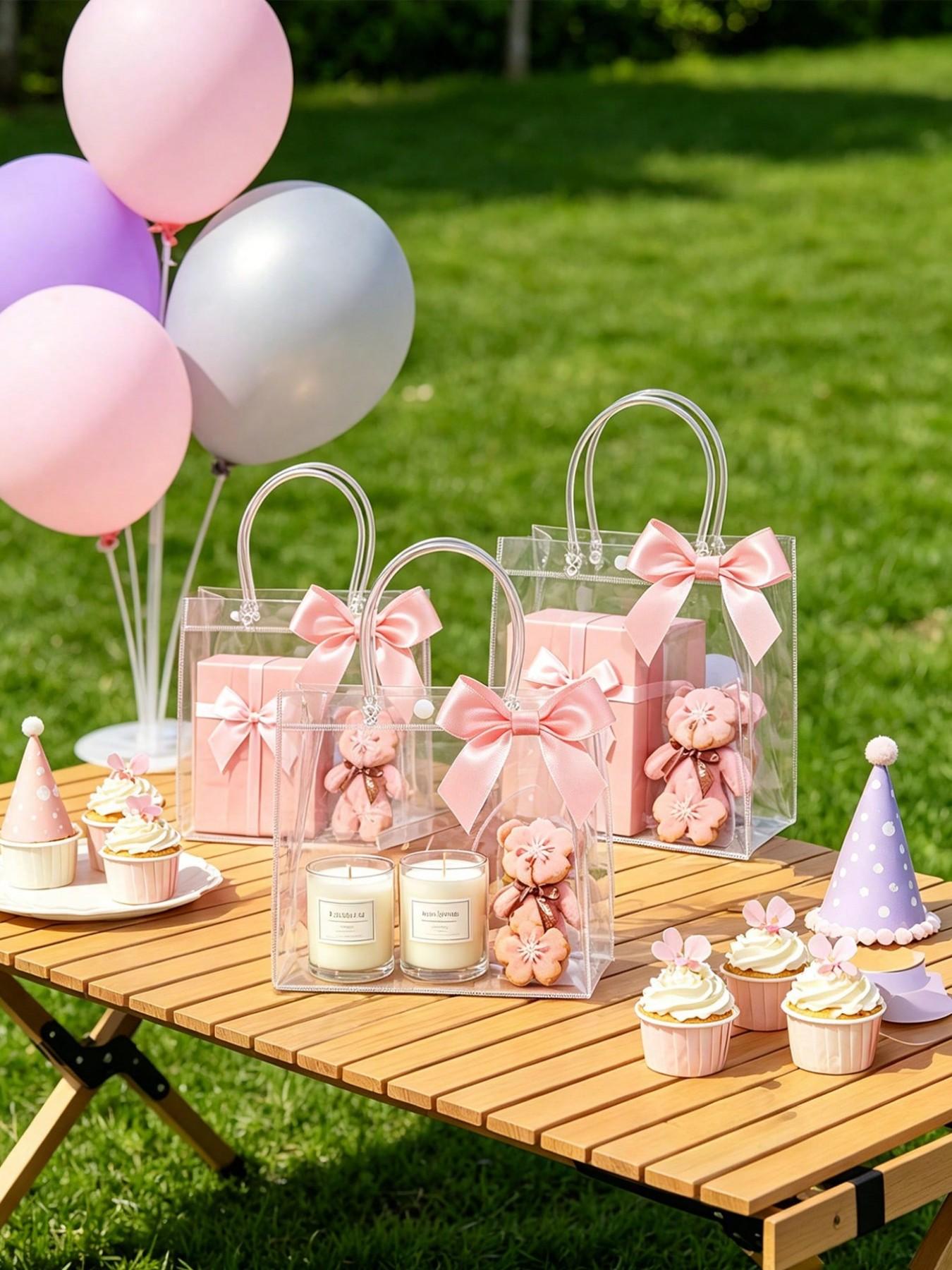 5pcs/10pcs Reusable Transparent PVC Gift Bags with Ribbon Bow, Cute Packaging, Ideal for Weddings, Birthdays, Graduations, Casual Style