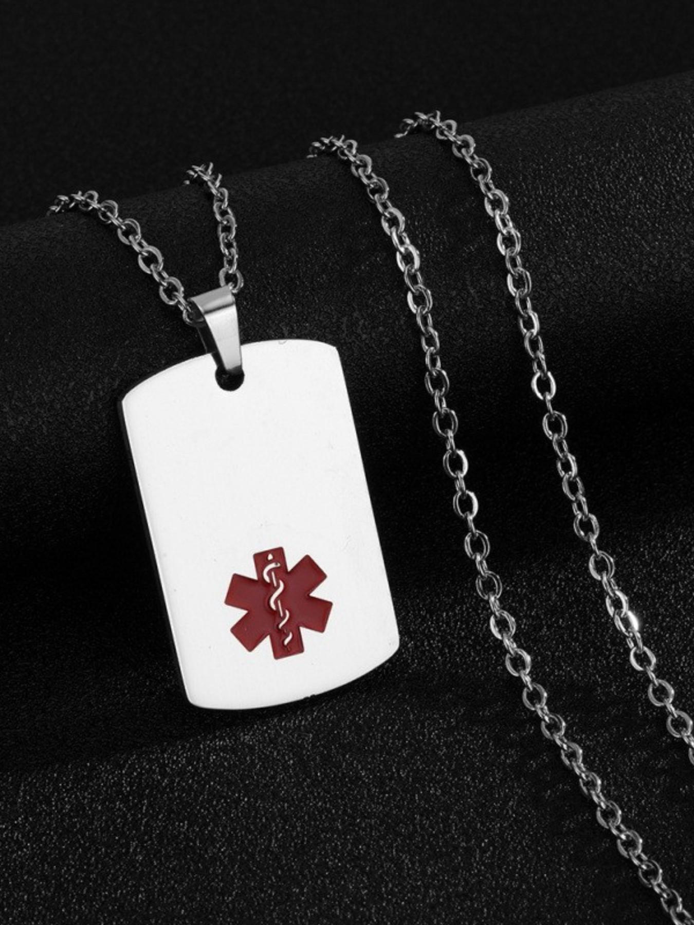Medical Symbol Snake Staff Square Tag Dog Tag Pendant Titanium Steel Necklace, Elegant Medical Accessory Jewelry