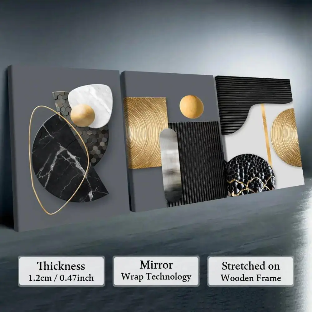 Modern Abstract 3 Piece Canvas Wall Art Luxury Black Gold Marble Living Room Decor 3D Textured Poster Set