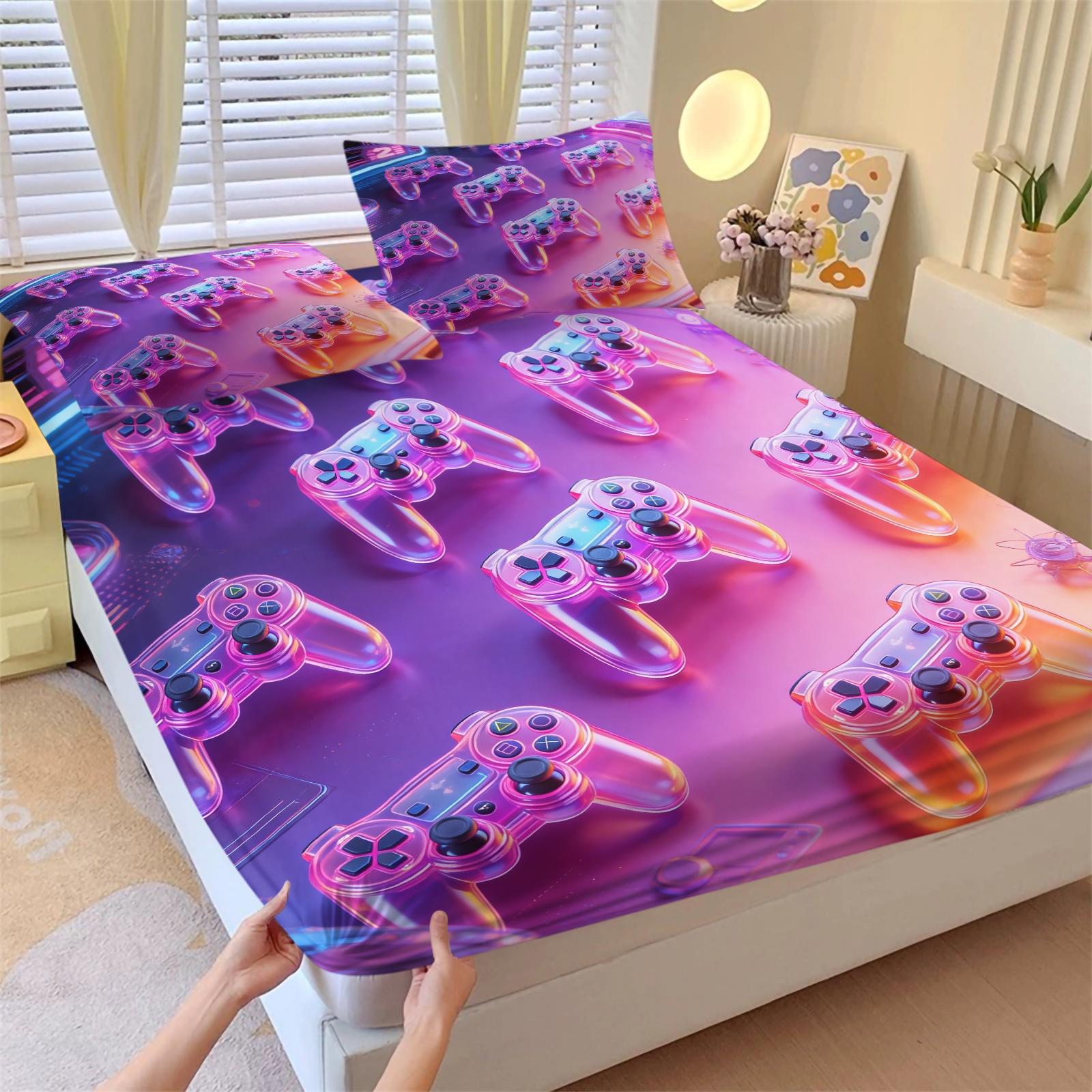 3-Piece Neon Game Controller Bed Set Fitted Sheet Set, Cyberpunk Style, Soft Skin-Friendly Fabric, Ideal for Gaming Rooms, Boys' Dorms, Comfortable & Stylish