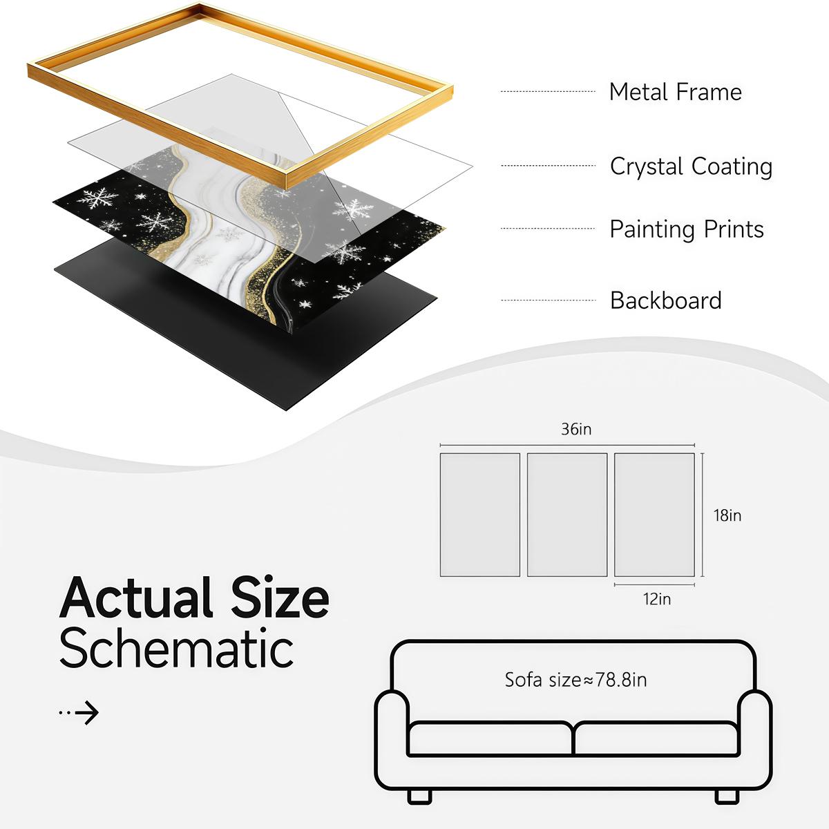 3 Counts Aluminum Alloy Framed Painting, Black White And Gold Snowflake Abstract Art Pictures, Home Decoration For Living Room, Bedroom, Office, Restaurant, Hallway Wall Decor, Odorless Print Artwork, Luxury Perfect Gift For Friends And Family