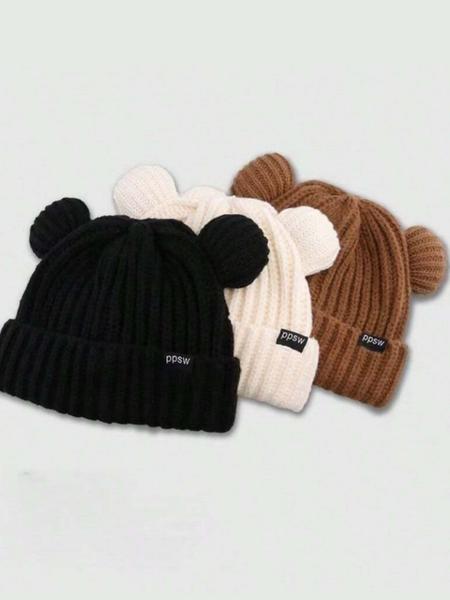 Women's Animal Ear Knit Beanie Hat, Casual Letter Patch Acrylic Warm Cap, Bear Shape Fitted Sweater Hat for All Seasons, Knitted Winter Hat