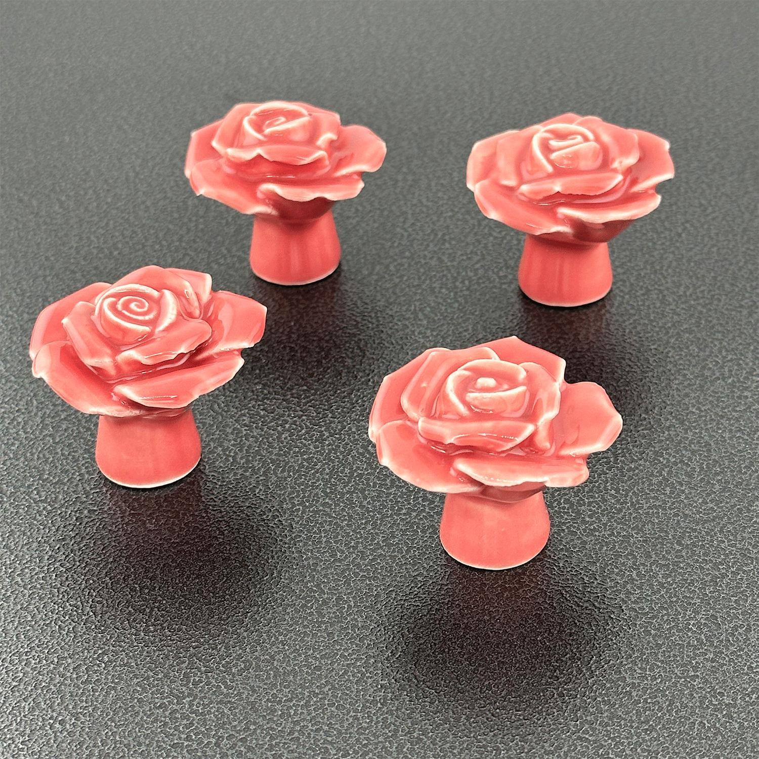 4 Pack Pink Rose Ceramic Cabinet Knobs – Decorative Floral Drawer Pulls with Mounting Screws, Elegant 3D Rose Shaped Knobs for Kitchen Cabinets, Bathroom Vanities, Dressers, Wardrobes, Nightstands, Bookcases and Home Improvement Projects