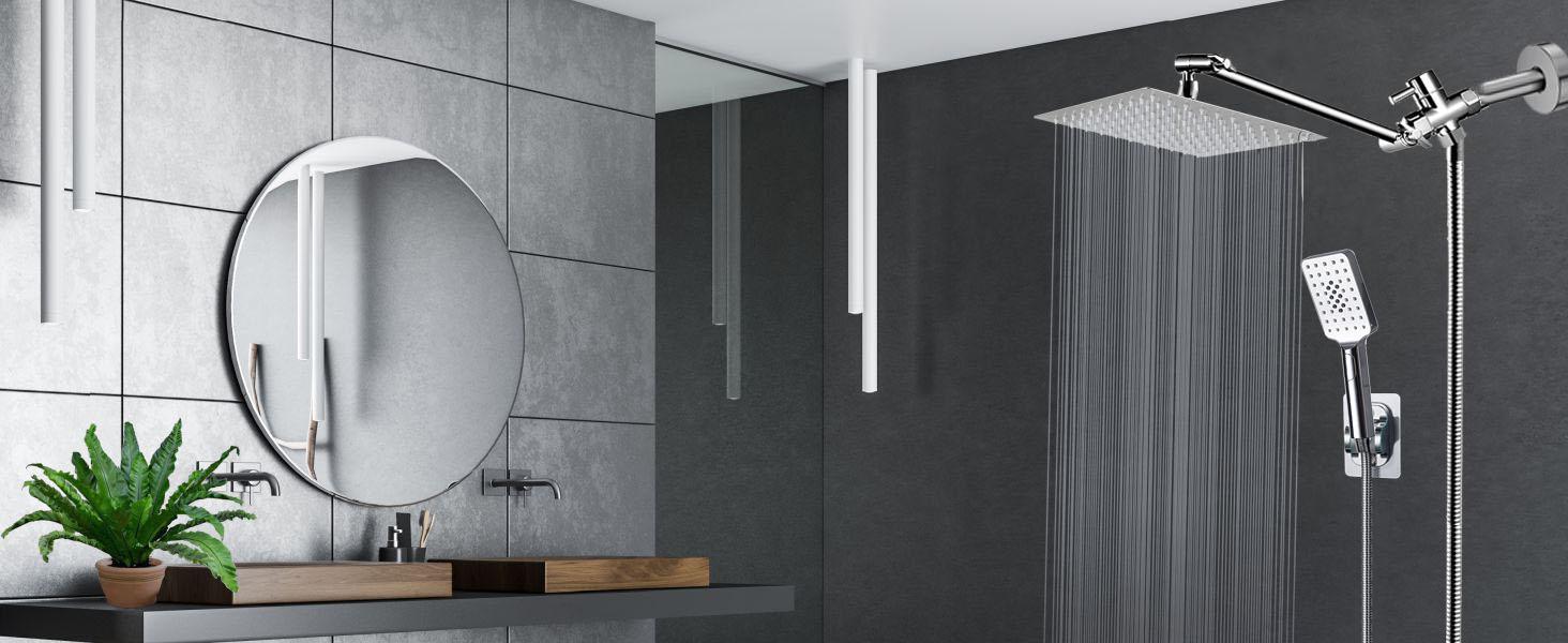 Rain shower head with handheld spray,10''High Pressure Rainfall Shower Head / 3 Setting Handheld Shower head Combo with 11'' Extension Arm and 78" Extra Long Hose/Square Rain shower head