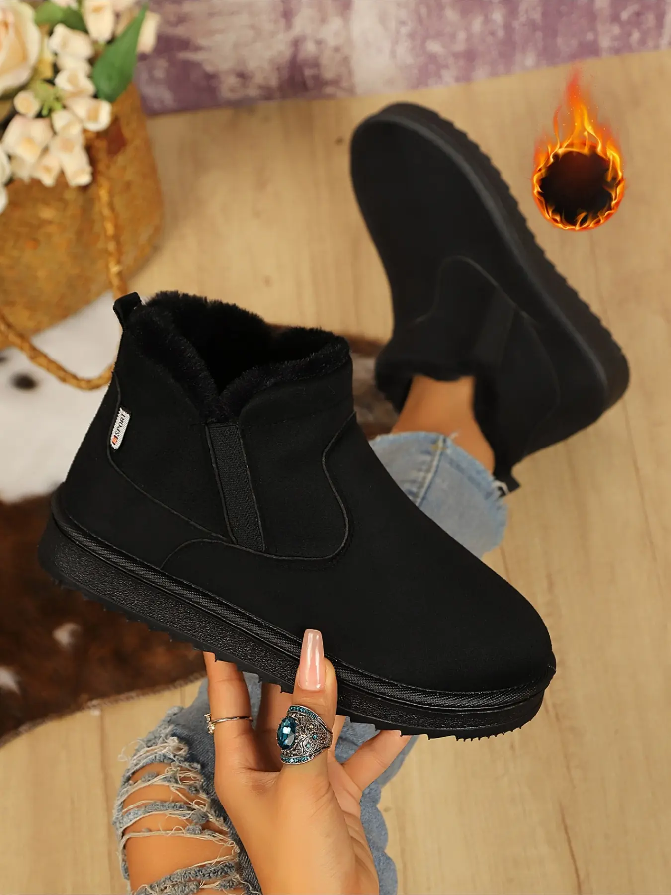 Slip-on plush lined ankle boots with elastic side panels round toe thick sole warm casual women winter snow booties Winter Warm Shoes