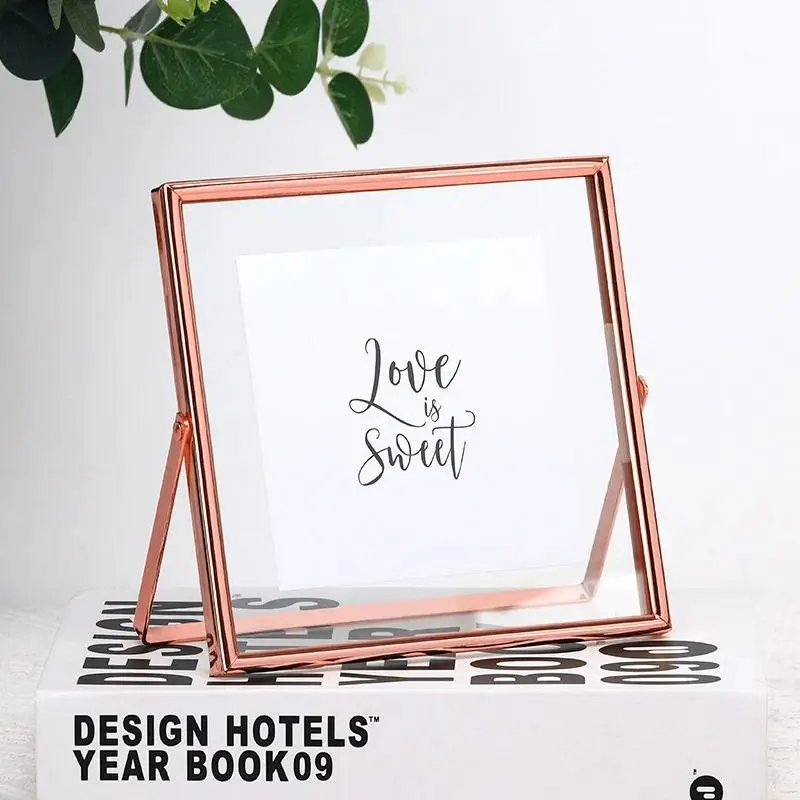 Minimal Metal Square 10/15/18cm Photo Frame, Double Sided Clear Glass Freestanding Table Display Holder, for Home Layout Decor