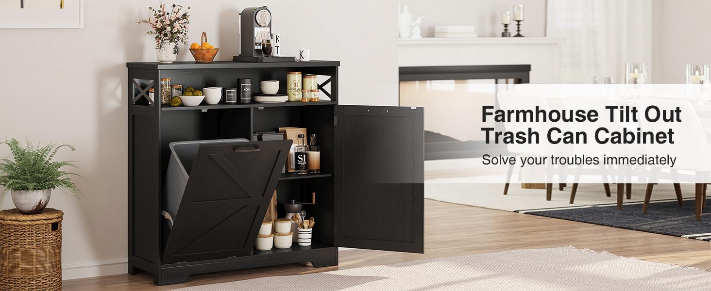 Vabches Tilt Out Trash Can Cabinet for 10 Gallon Trash Can, Farmhouse Kitchen Island Bin Cabinet with Adjustable Shelf for Hidden Laundry Basket, Dual Dog Proof Garbage Can for Dining Room, Living Room