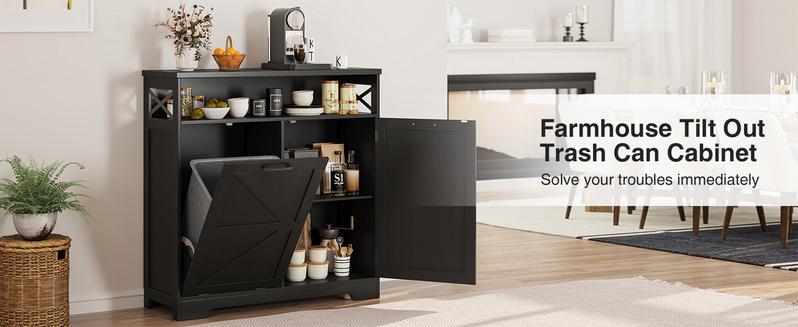 Vabches Tilt Out Trash Can Cabinet for 10 Gallon Trash Can, Farmhouse Kitchen Island Bin Cabinet with Adjustable Shelf for Hidden Laundry Basket, Dual Dog Proof Garbage Can for Dining Room, Living Room