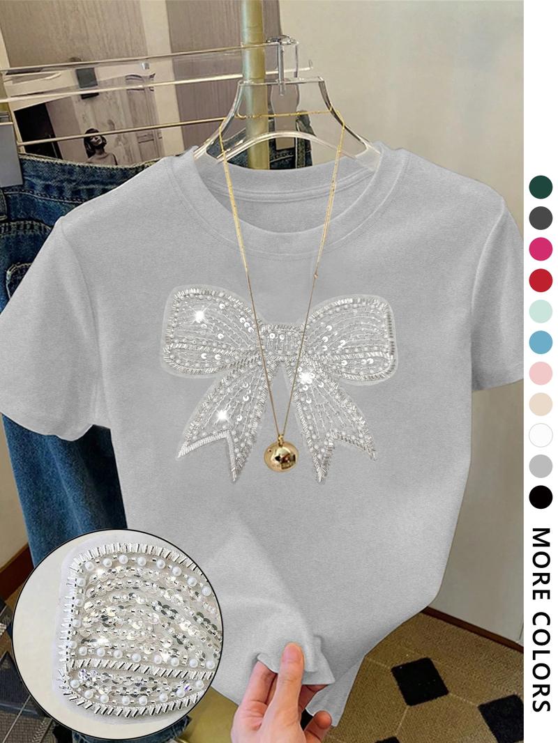 Women's Cartoon Bowknot Print Round Neck Tee, Fashion Casual Crew Neck Short Sleeve T-Shirt for Daily Holiday Vacation Outdoor Wear, Ladies Clothes for All Seasons, Top