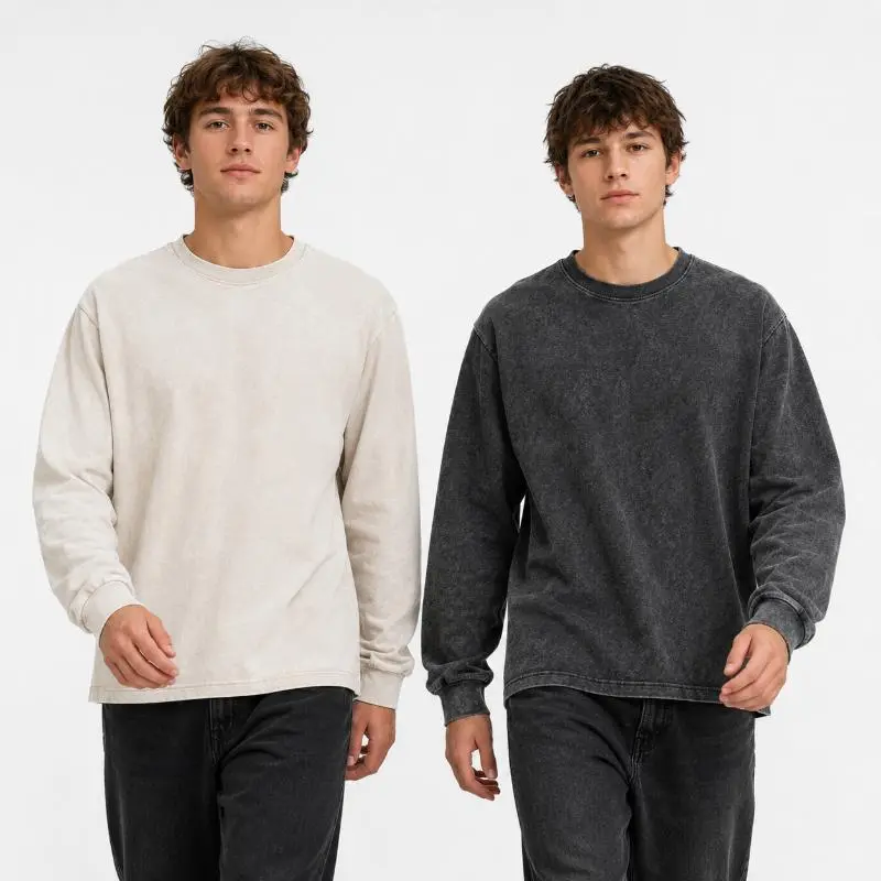 1/4pcs Men's Oversized Long Sleeve Pure Cotton T-Shirts, Washed Crew Neck Basic Tees, Relaxed Fit Streetwear Tops for Work Gym Travel Vacation