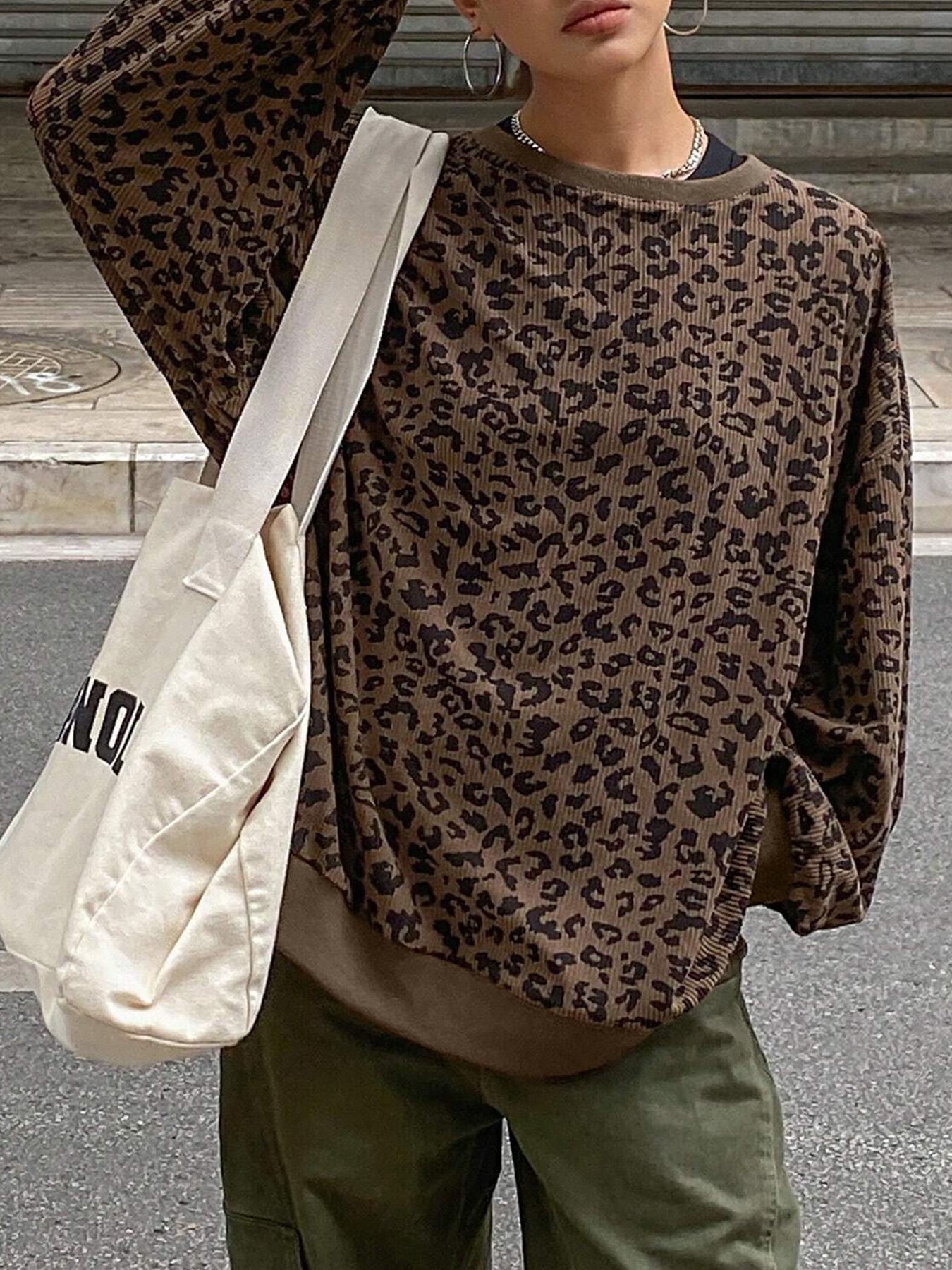 Women's Leopard Print Long Sleeve Round Neck T-Shirt Top, Loose Fit Casual Wear, Sexy Style for Spring & Fall Seasons