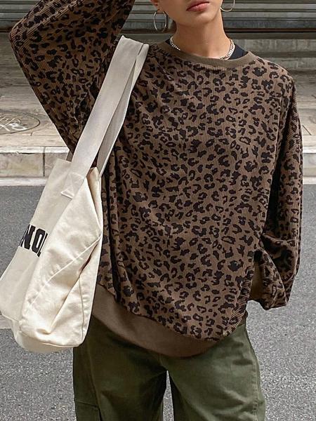 Women's Leopard Print Long Sleeve Round Neck T-Shirt Top, Loose Fit Casual Wear, Sexy Style for Spring & Fall Seasons