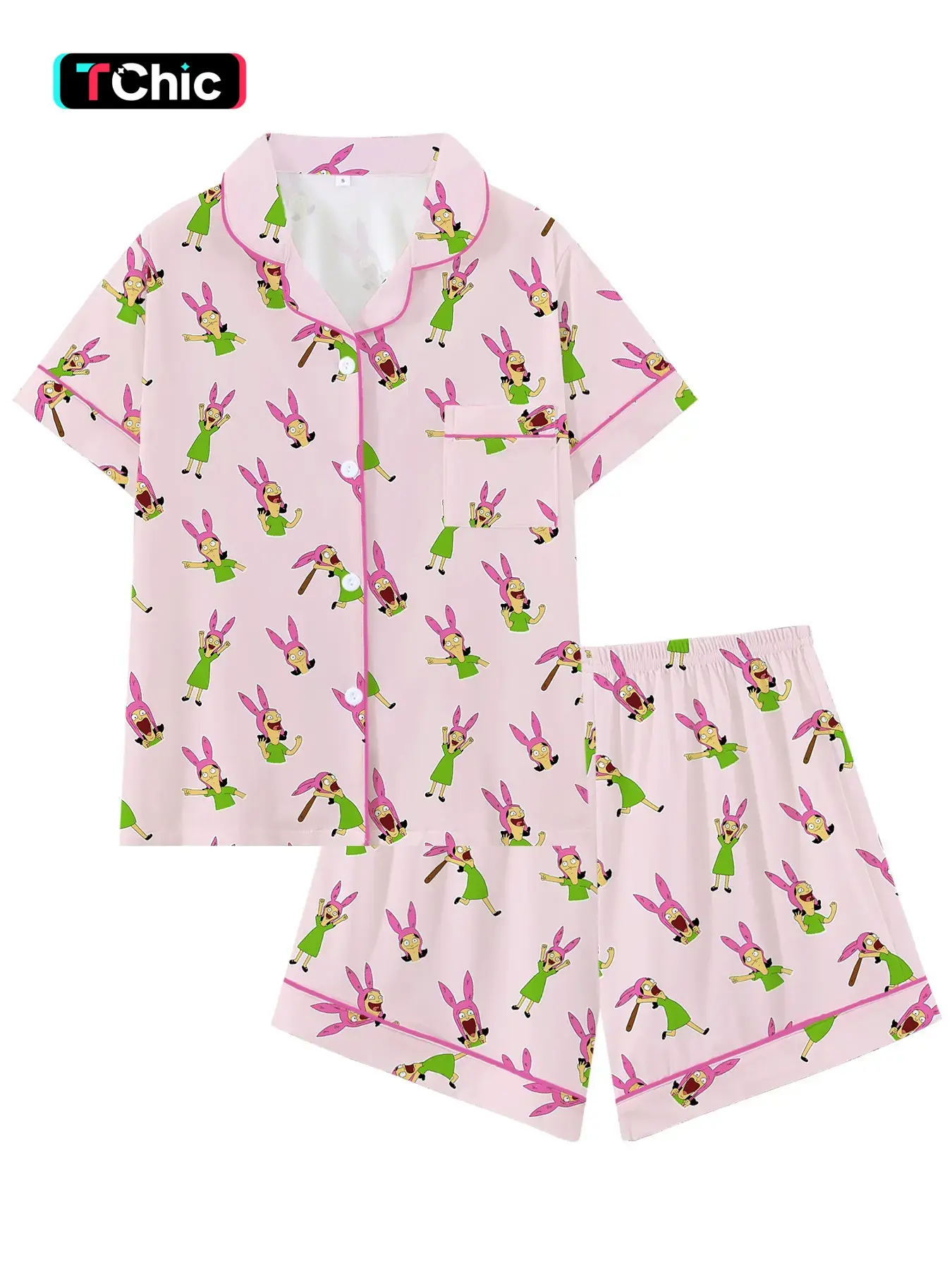 Bobs Burgers Family Louise Cute Burger Collar Short Sleeve Cartoon Print Pajama Set Loungewear, Casual Sleepwear Set, Comfortable Loose Sleepwear for All Seasons, Party Gift Pjs, Pajamas Sets