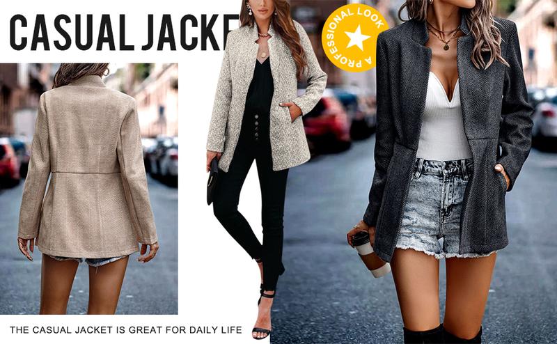 Chouyatou  Women's  Elegant  Casual Business Open Front Long Sleeve Notch Lapel Office Blazer Jacket Basic Womenswear