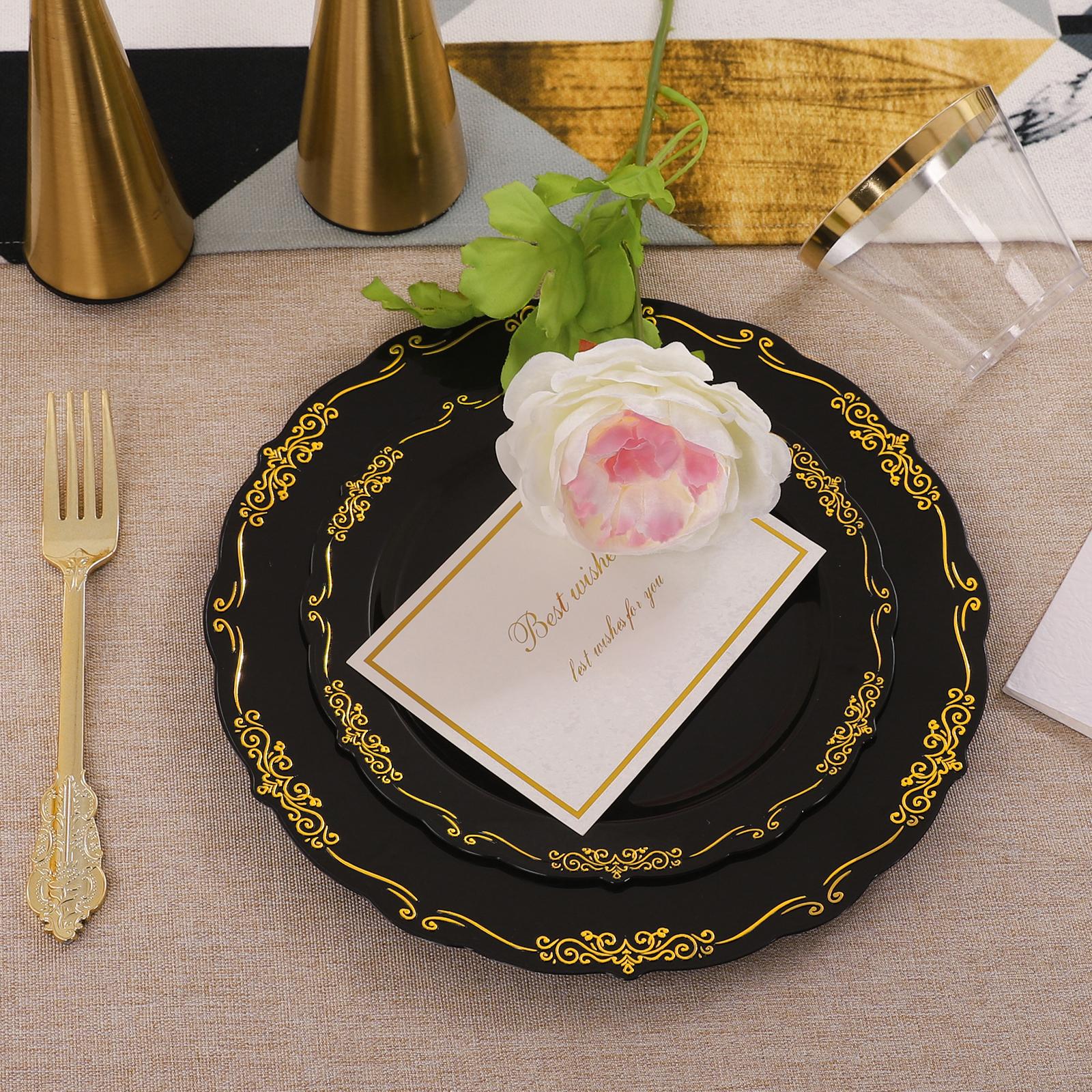 White Gold/Clear Gold/White Silver/Black Gold Plates ware Set: Dinner Plates,Dessert Plates, Cups,Napkins,Knife, forks, spoons-Perfect for Party