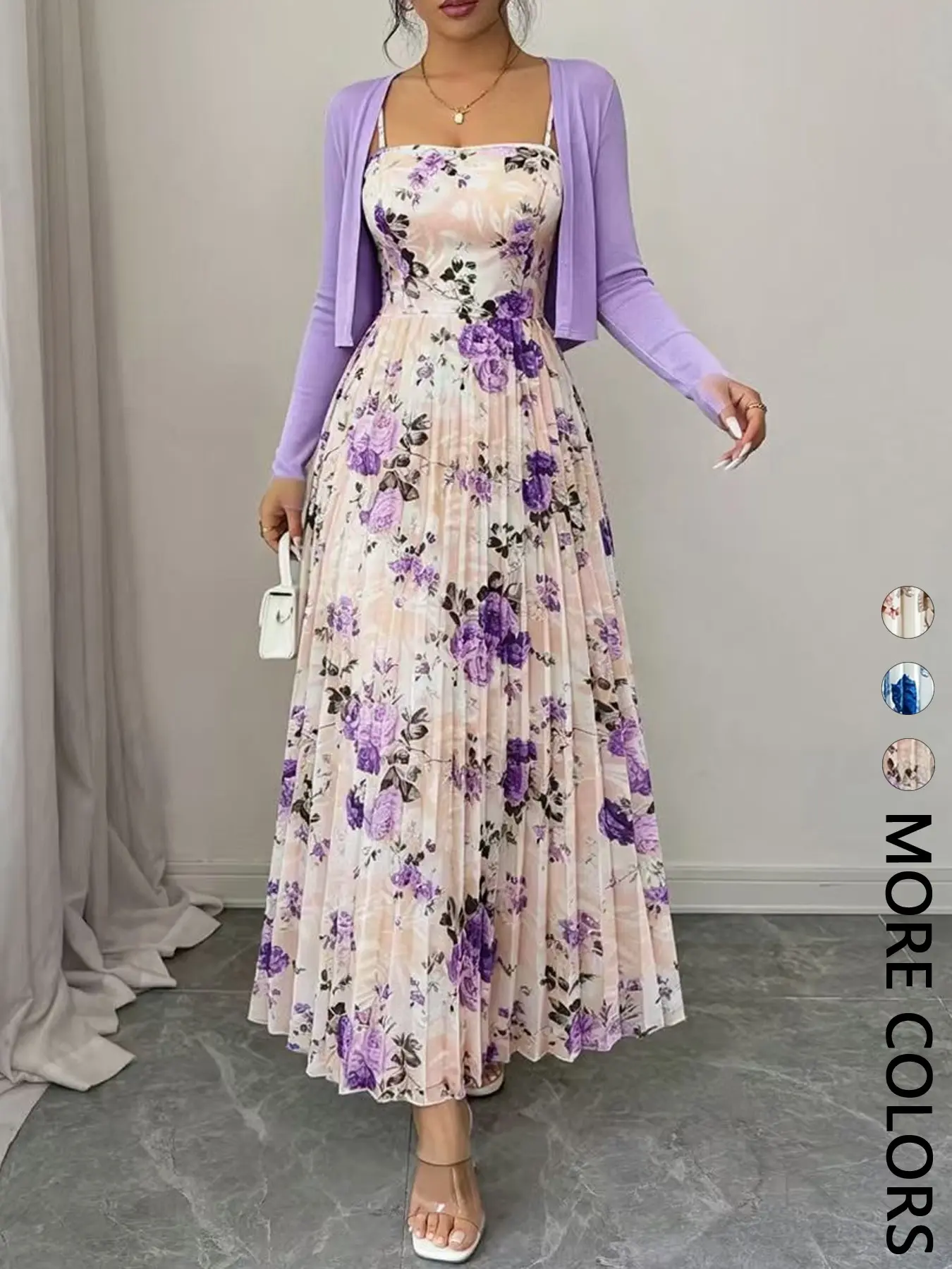 Women's Two-Piece, Long Sleeve Cardigan with Camisole Floral Dress, Square Neck Flowy Skirt Set, Perfect for Dates and Casual Wear, Casual Everyday Wear
