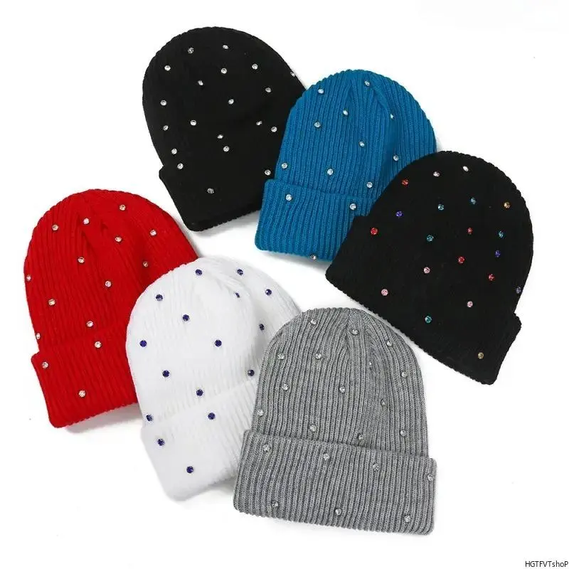 Rhinestone Fluffy Knitted Fabric Beanie for Women, Warm Windproof Chunky Winter Hat for Chic Daily Wear