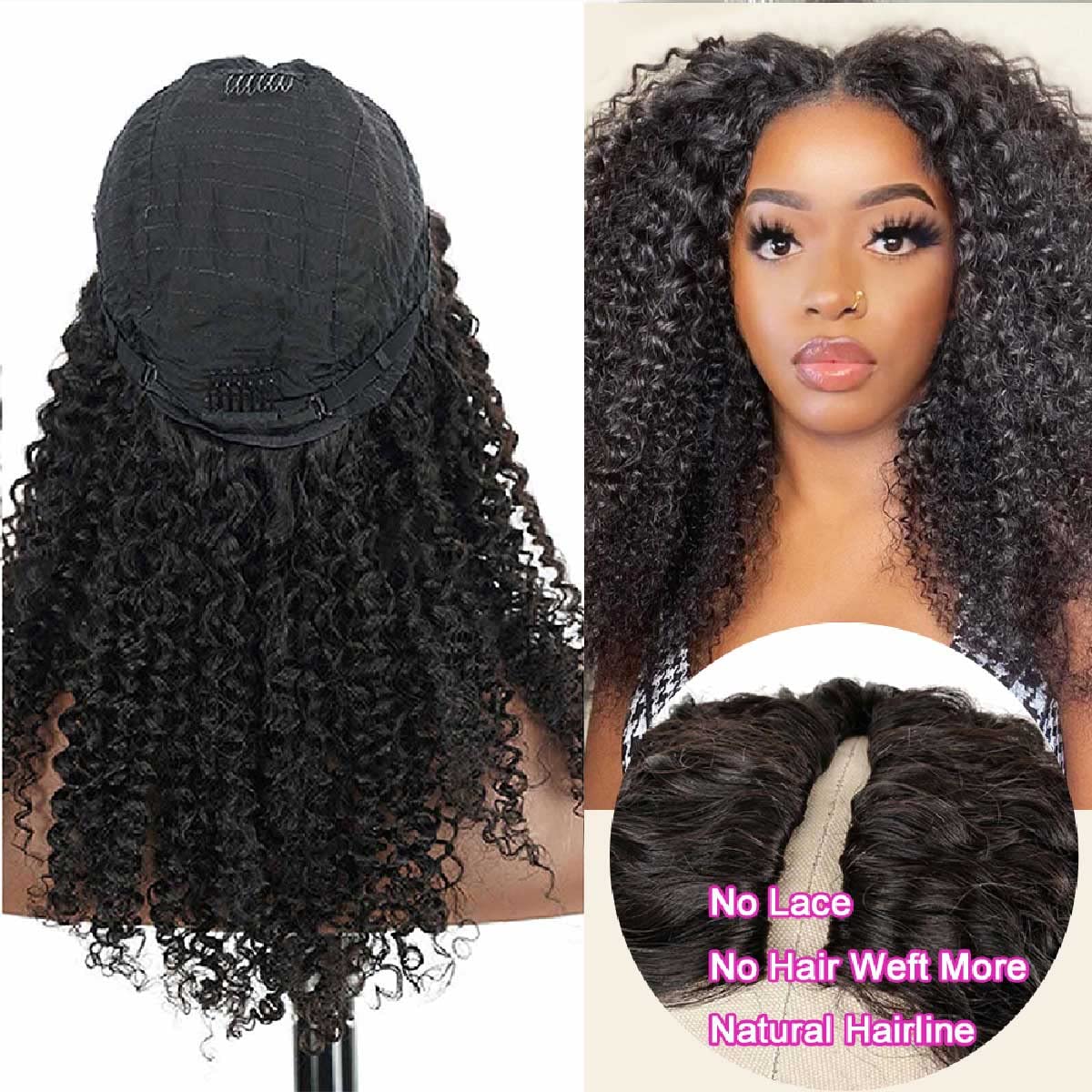 Tahikie V Part Curly Wig Human Hair Upgraded V Part Real Hair Wig Minimal No Sew in No Glue Glueless Afro Kinky Natural Black Brazilian High-Quality 100% Human Hair Beginner Friendly