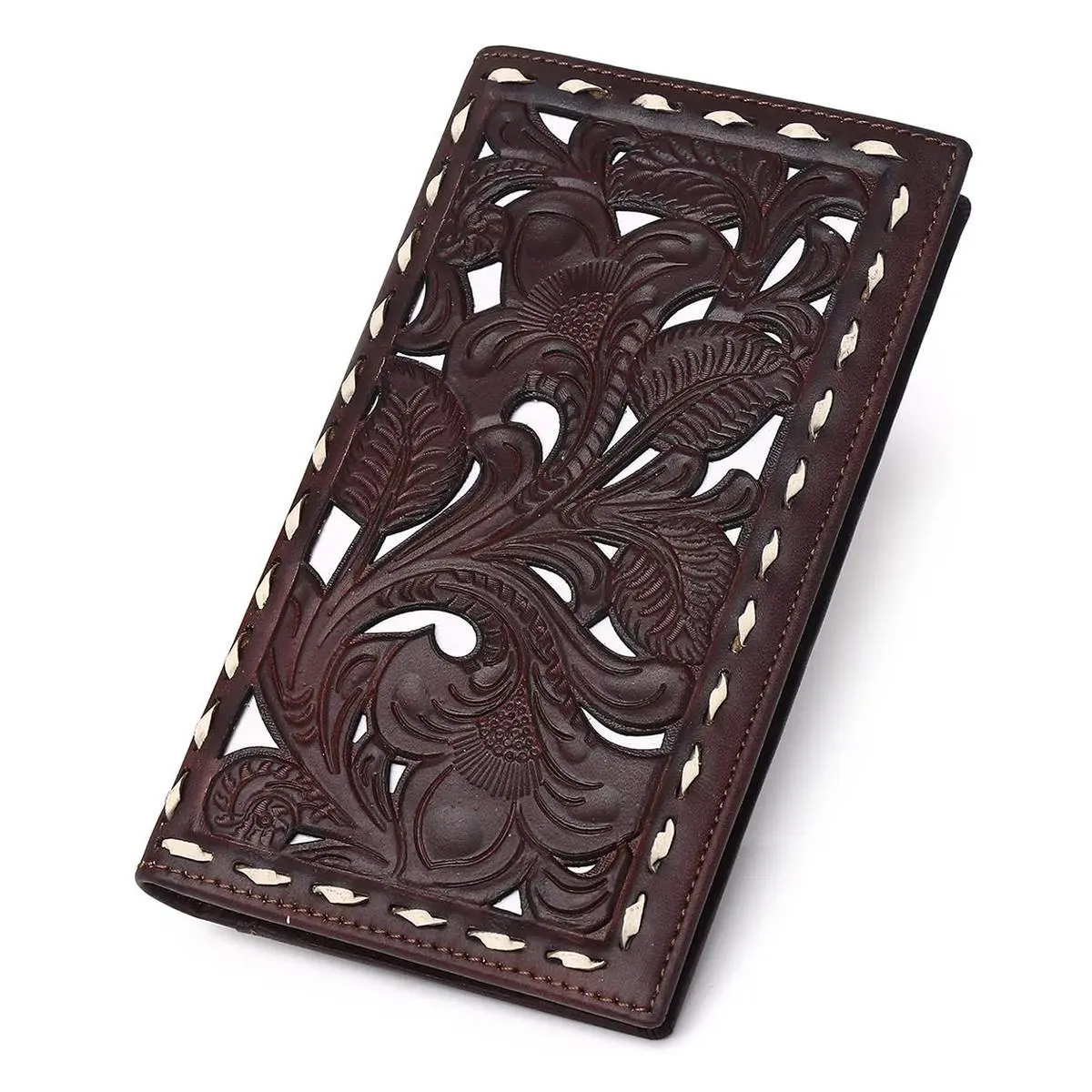 Floral Embossed Genuine Leather Men Western Wallet Vintage Cowboy Full Grain Checkbook Wallet Credit Card Holder Purse, Gift For Husband Christmas