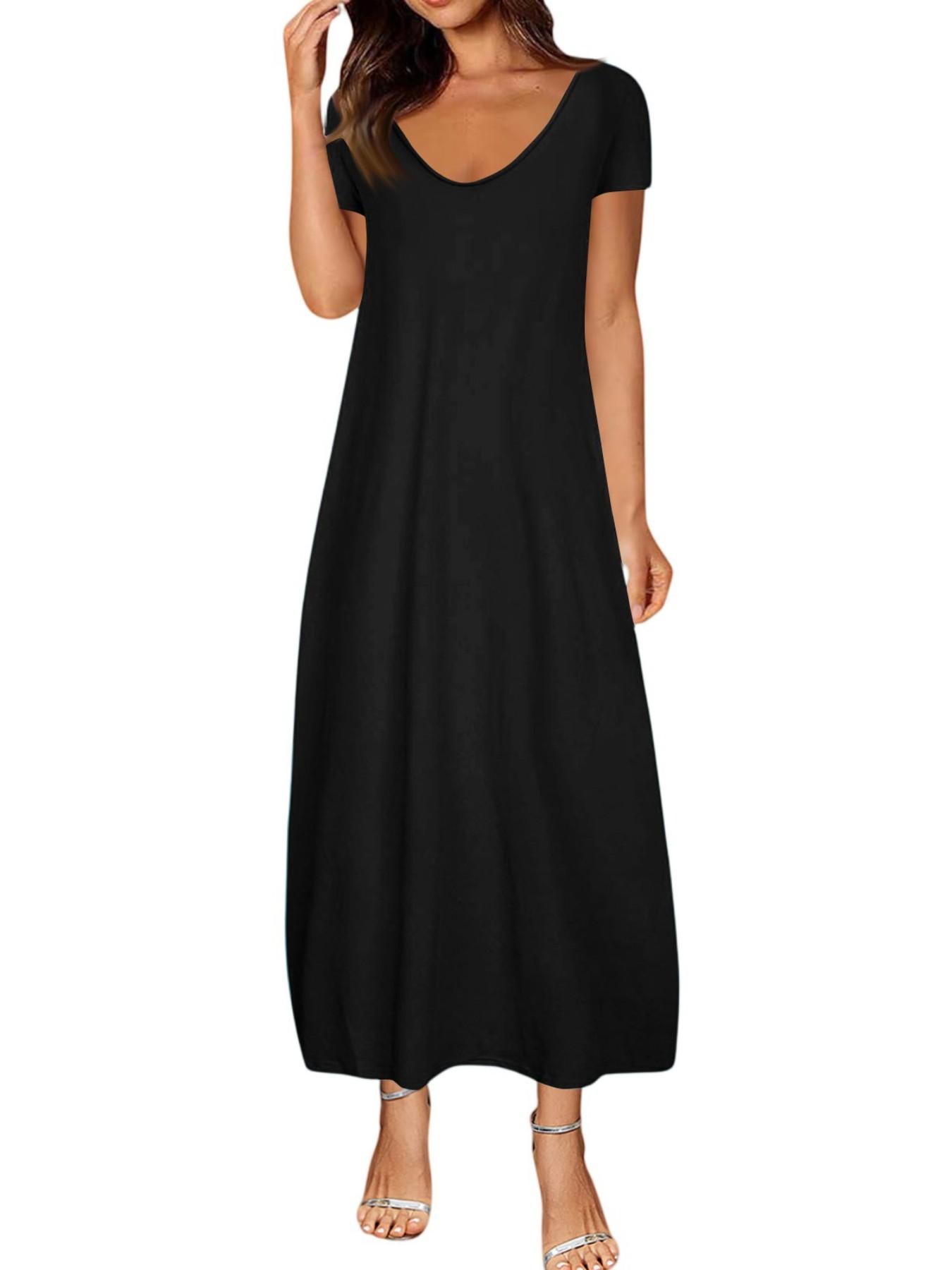 Women's Long Dress 2026, Coffee Color Everyday Casual Round Neck Short Sleeve Pockets Sleepwear, Soft Comfortable All-Season Dress