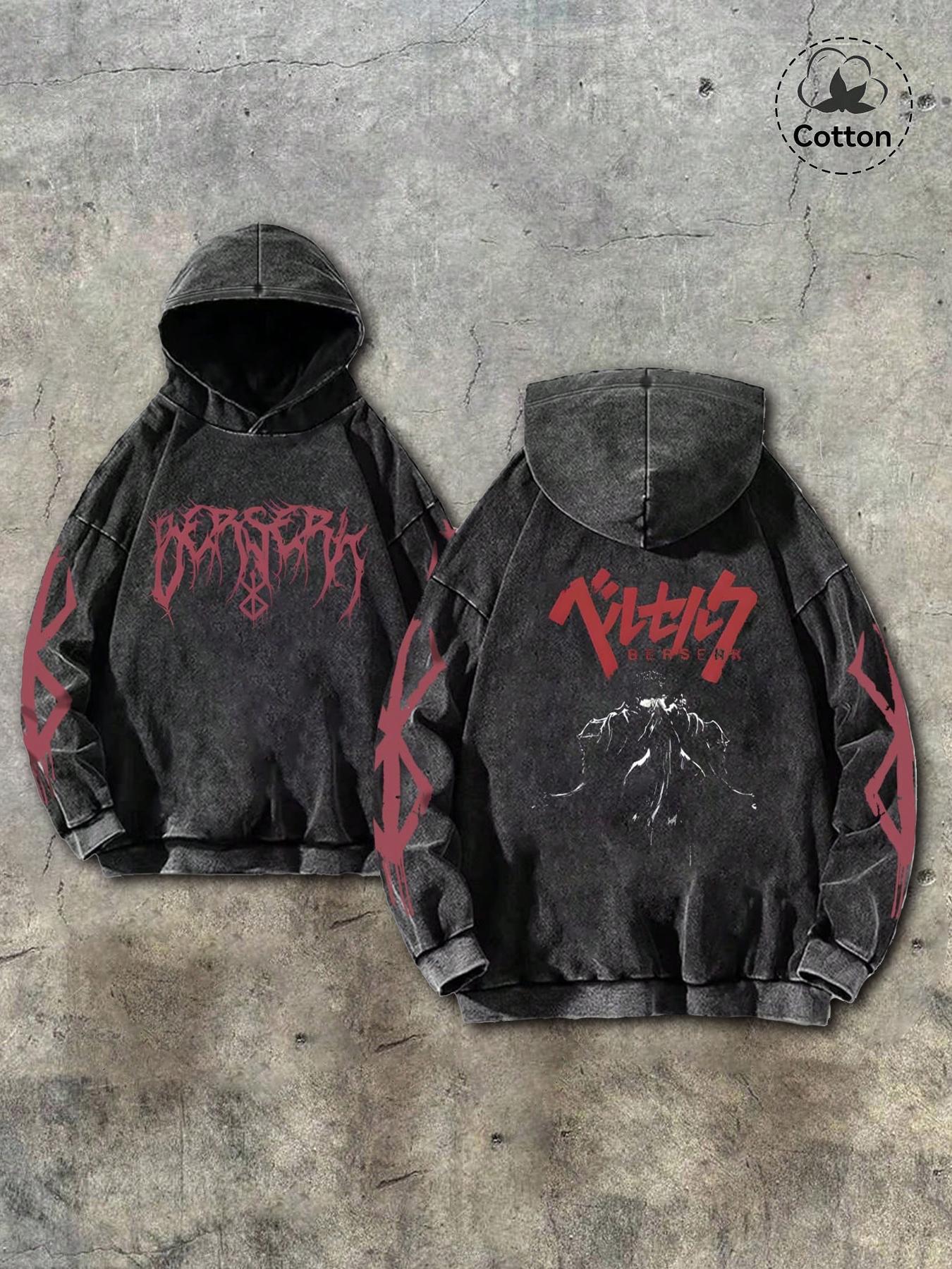 Men's Washed Cotton with Gothic Print, Casual Long Sleeve Pullover, Comfortable and Stylish, Perfect for Daily Wear, Graphic Hoodie