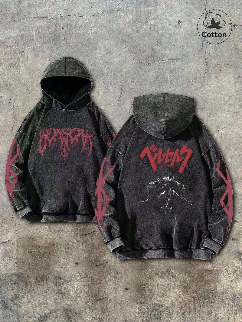 Men's Washed Cotton with Gothic Print, Casual Long Sleeve Pullover, Comfortable and Stylish, Perfect for Daily Wear, Graphic Hoodie